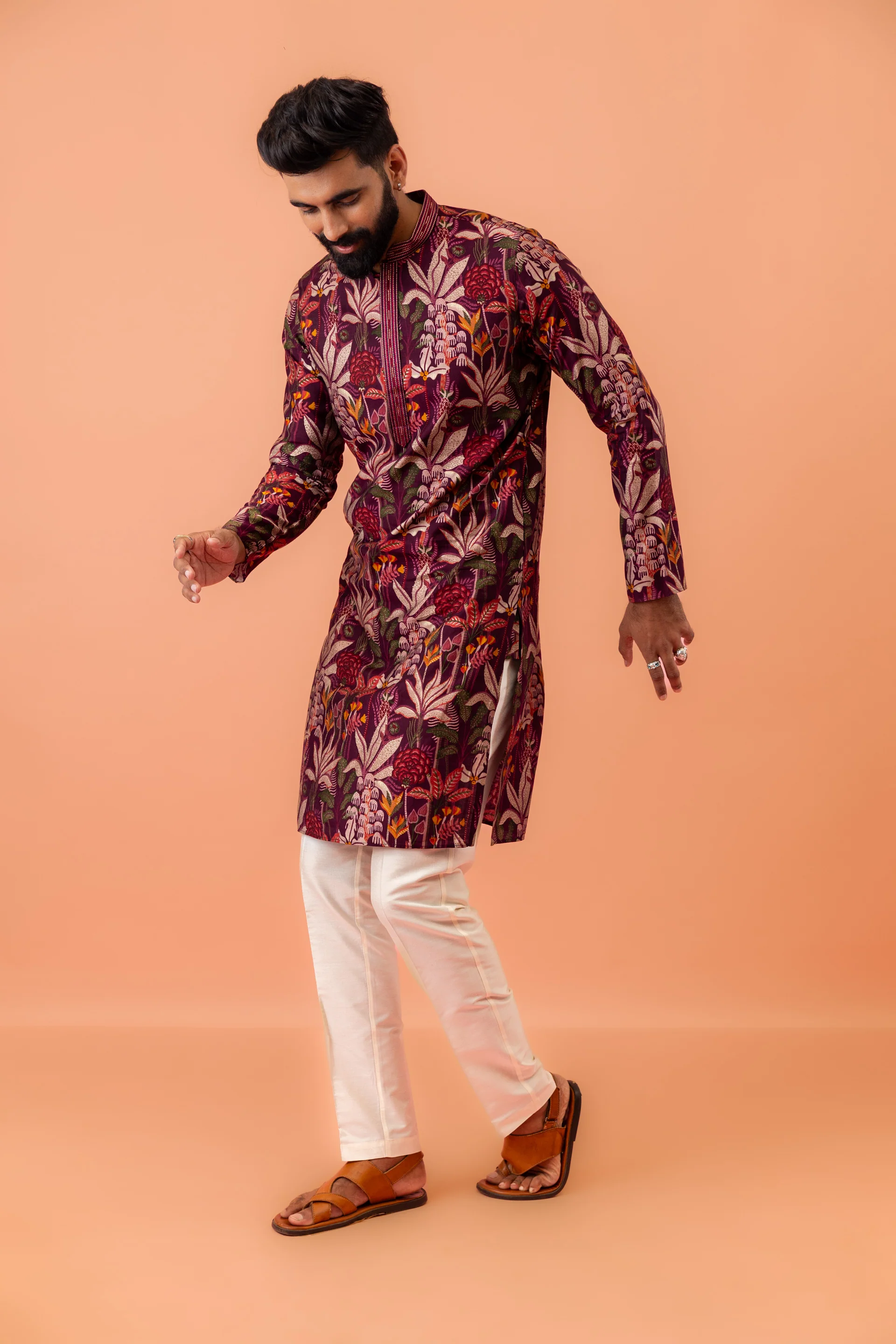 Men Maroon Multi-Color Floral Printed Kurta Set - Image 4