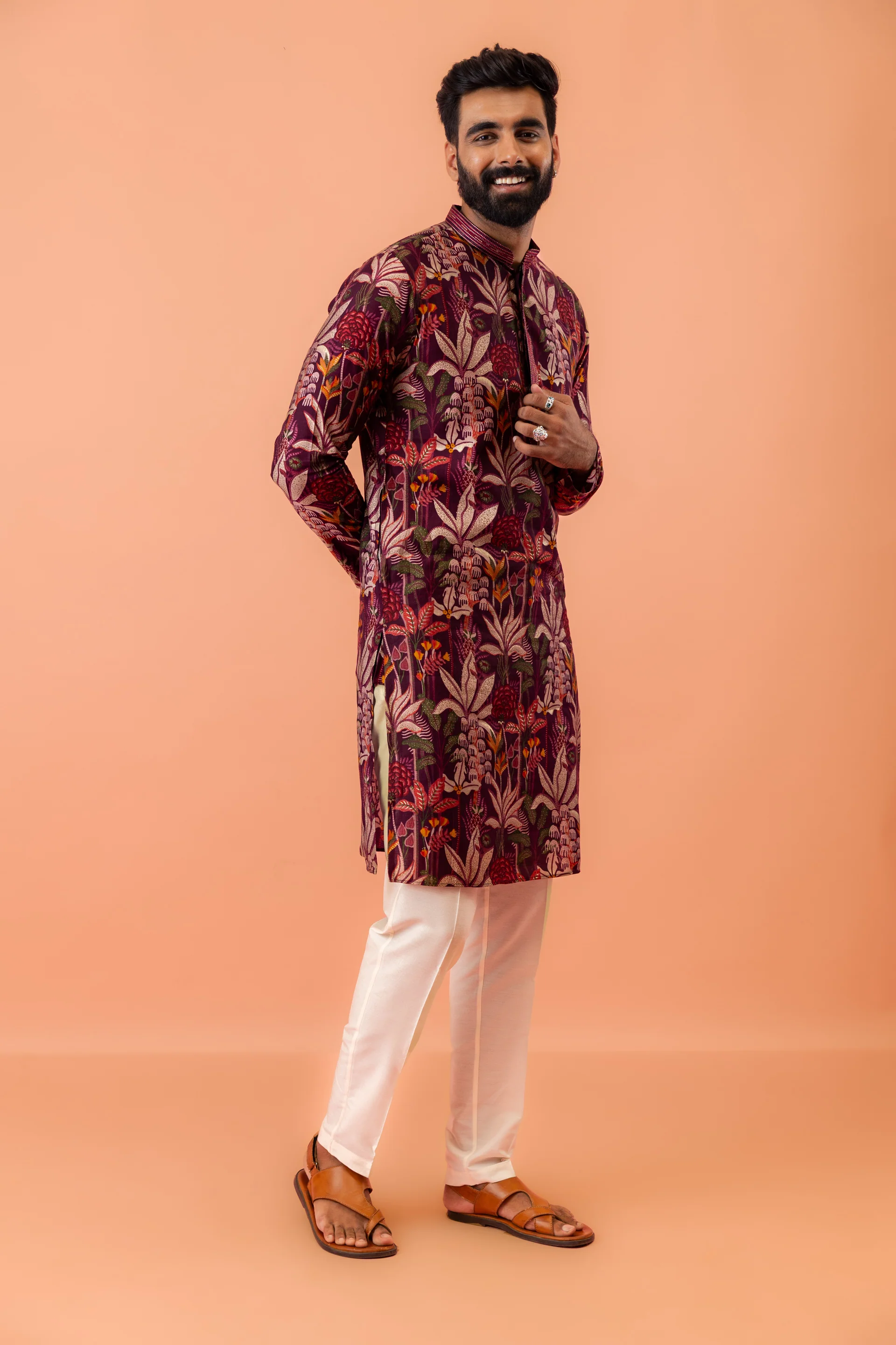Men Maroon Multi-Color Floral Printed Kurta Set - Image 5