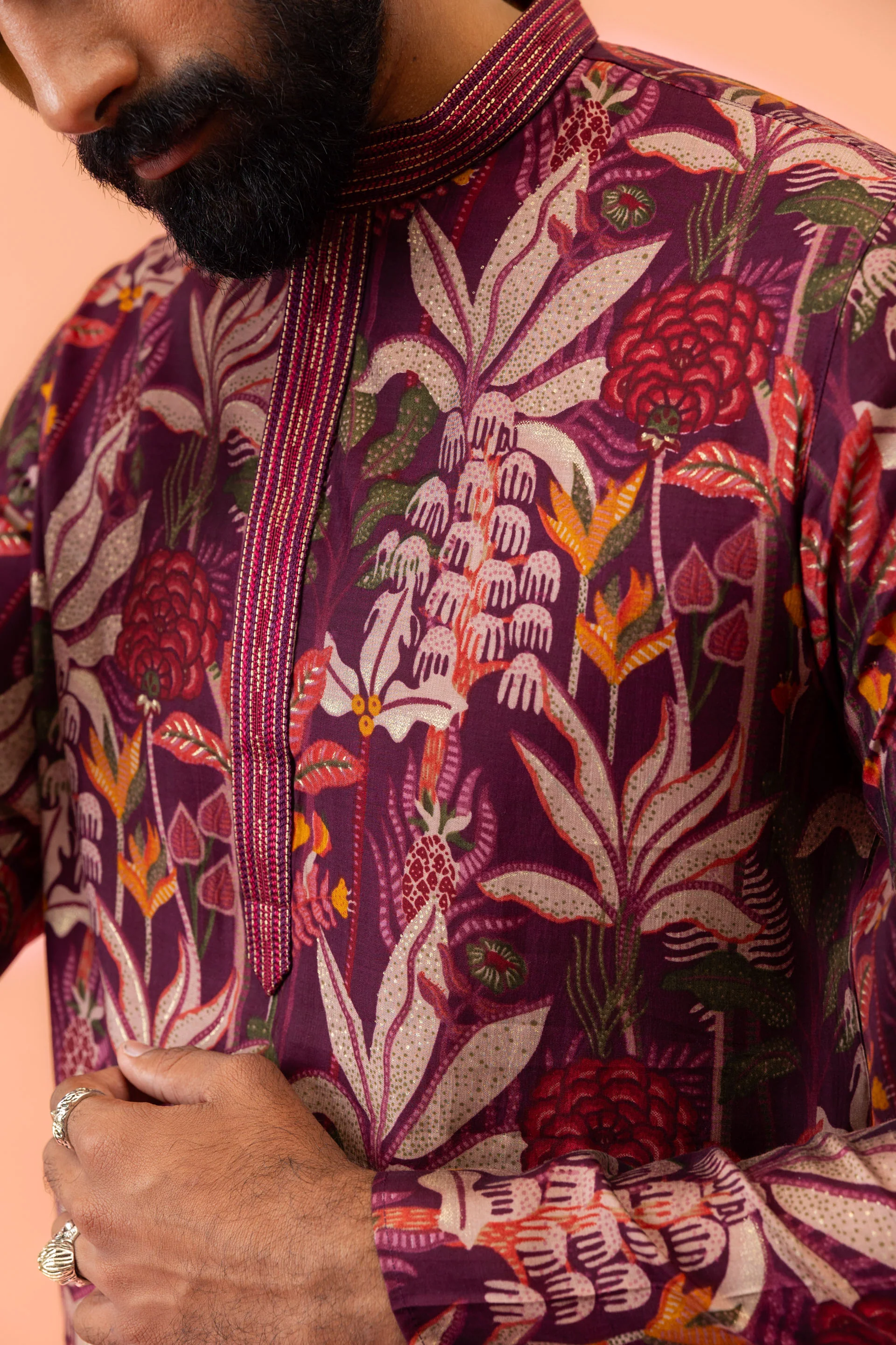 Men Maroon Multi-Color Floral Printed Kurta Set - Image 7