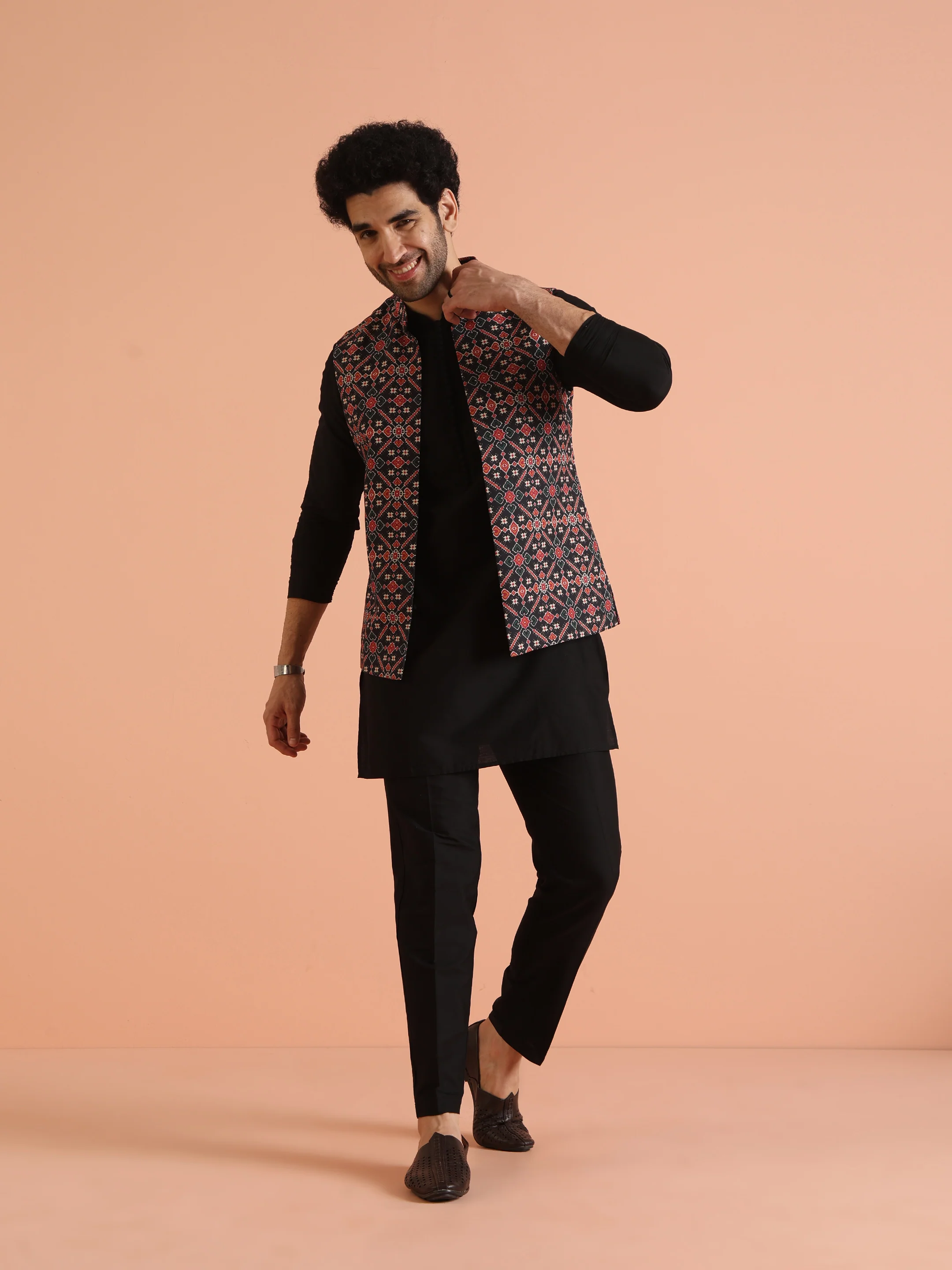 Multi Color Silk Blend Printed Nehru Jacket Set