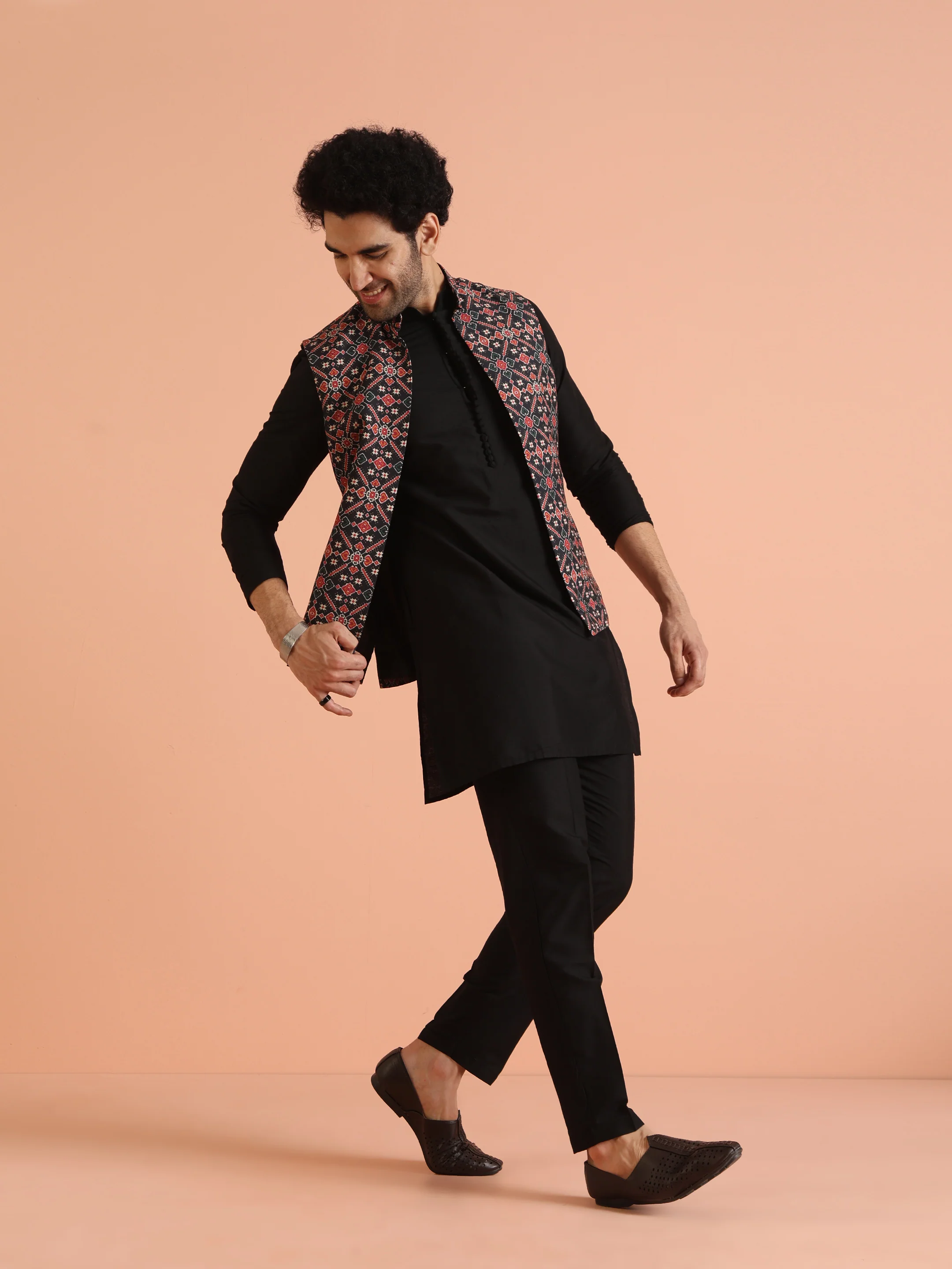 Multi Color Silk Blend Printed Nehru Jacket Set - Image 2