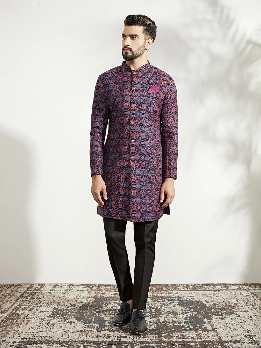 Men Multi Coloured Textured Indowestern Trouser Set