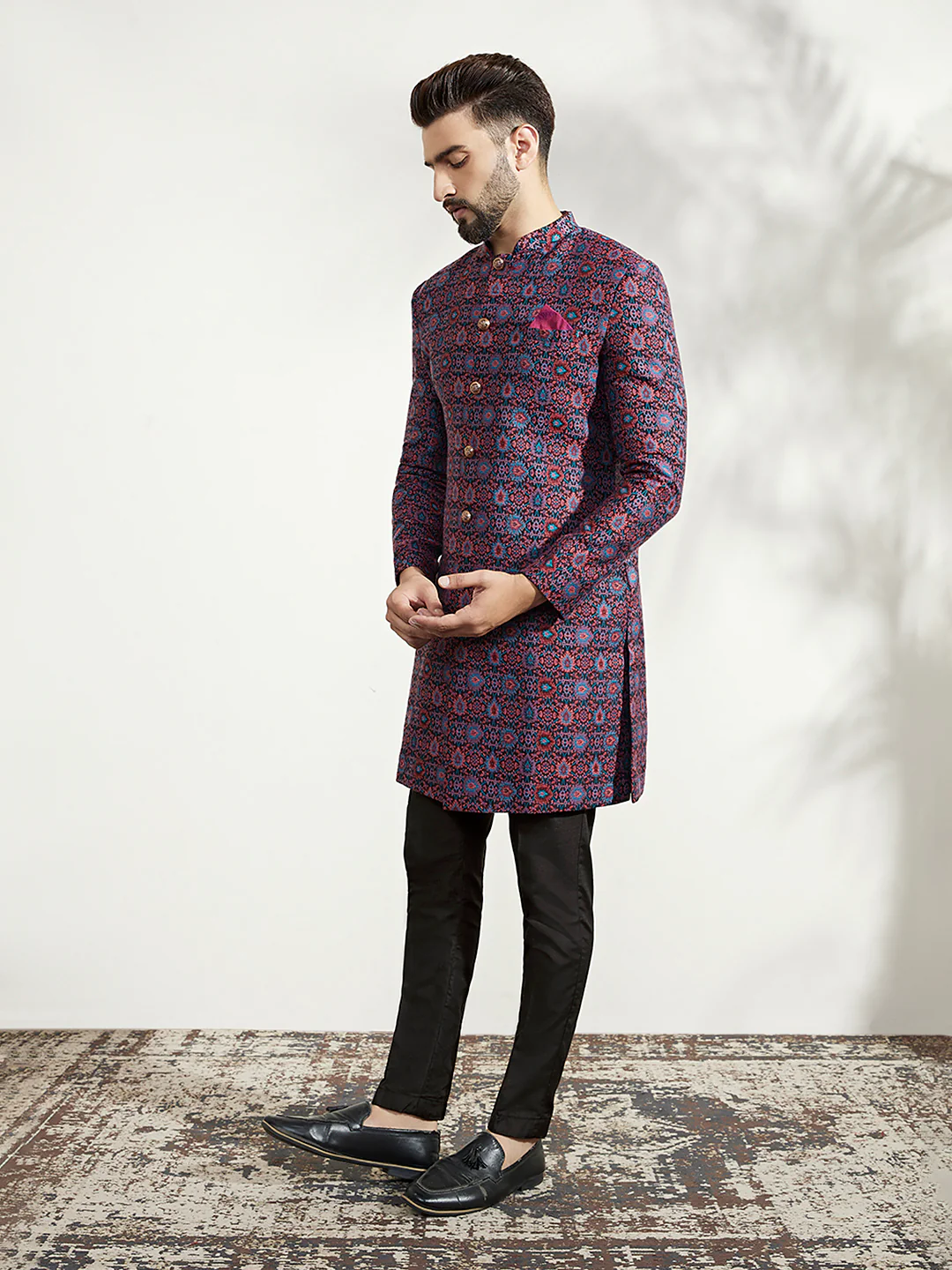 Men Multi Coloured Textured Indowestern Trouser Set - Image 3