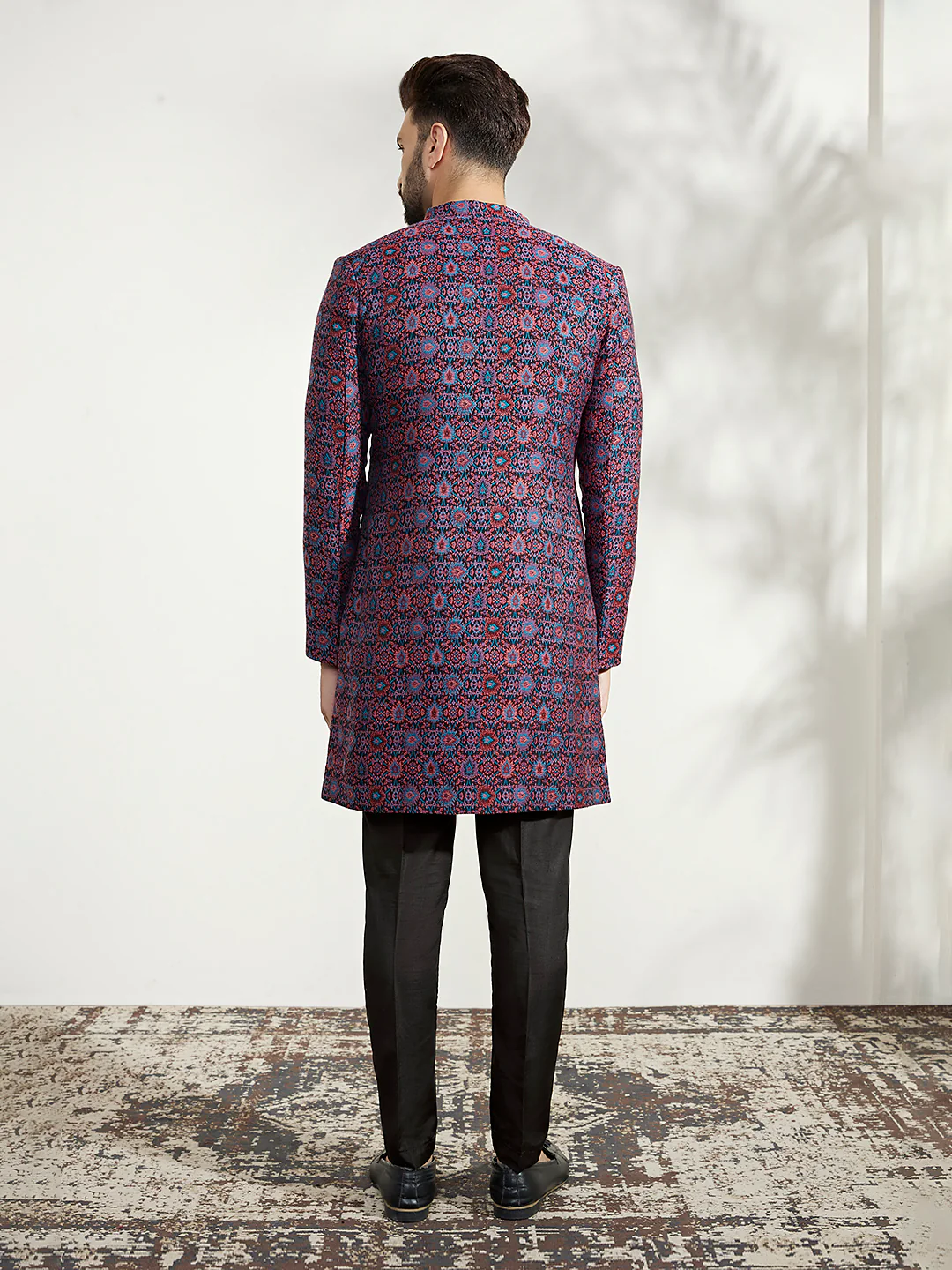 Men Multi Coloured Textured Indowestern Trouser Set - Image 4