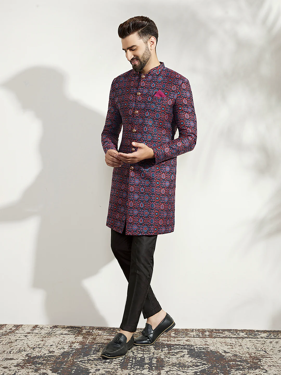 Men Multi Coloured Textured Indowestern Trouser Set - Image 7