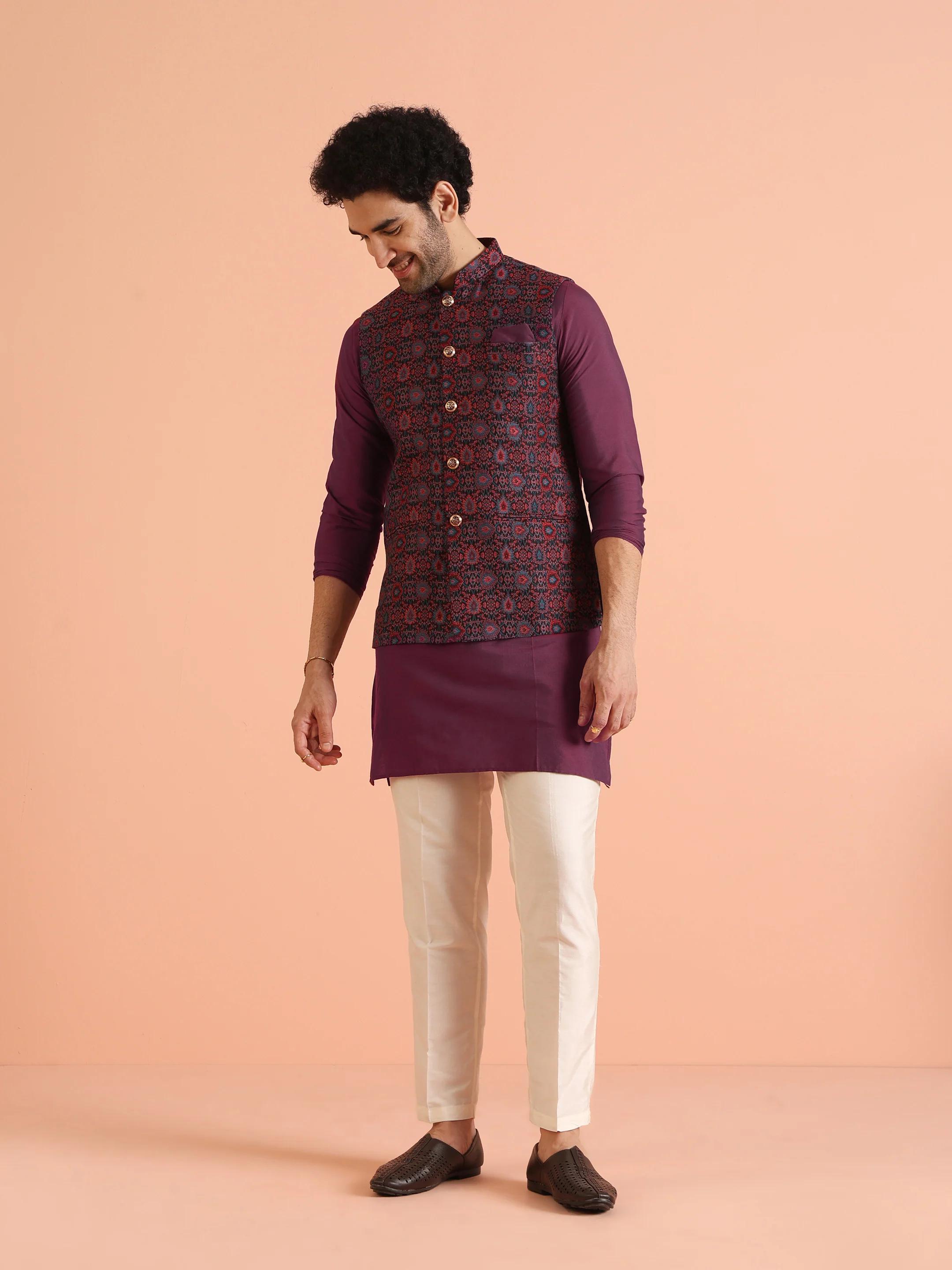 Wine Silk Blend Printed Jacket Kurta Trouser Set - Image 3