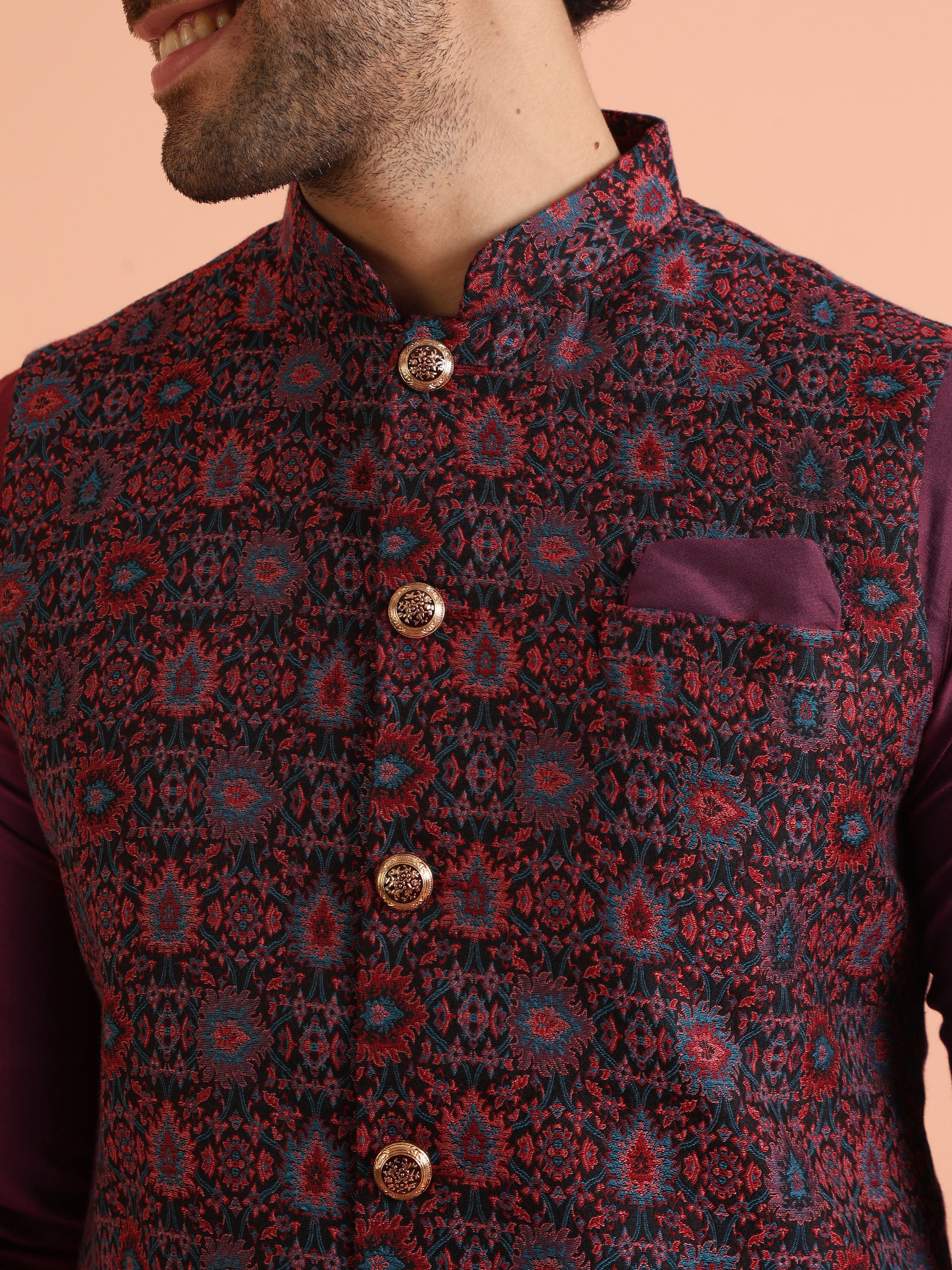 Wine Silk Blend Printed Jacket Kurta Trouser Set - Image 7