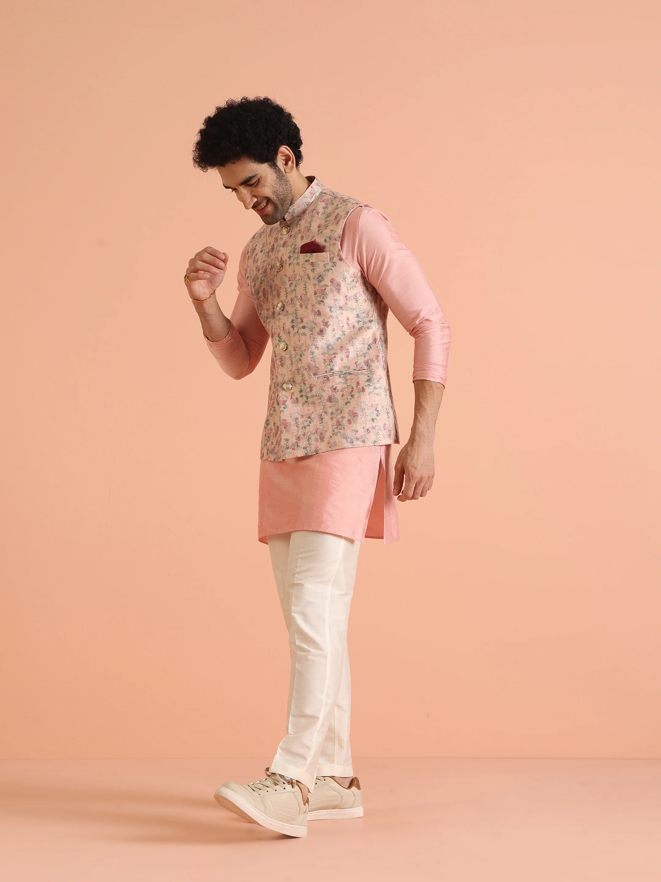 Pink Floral Art Silk Nehru Jacket Bundi with Kurta Trouser - Image 3