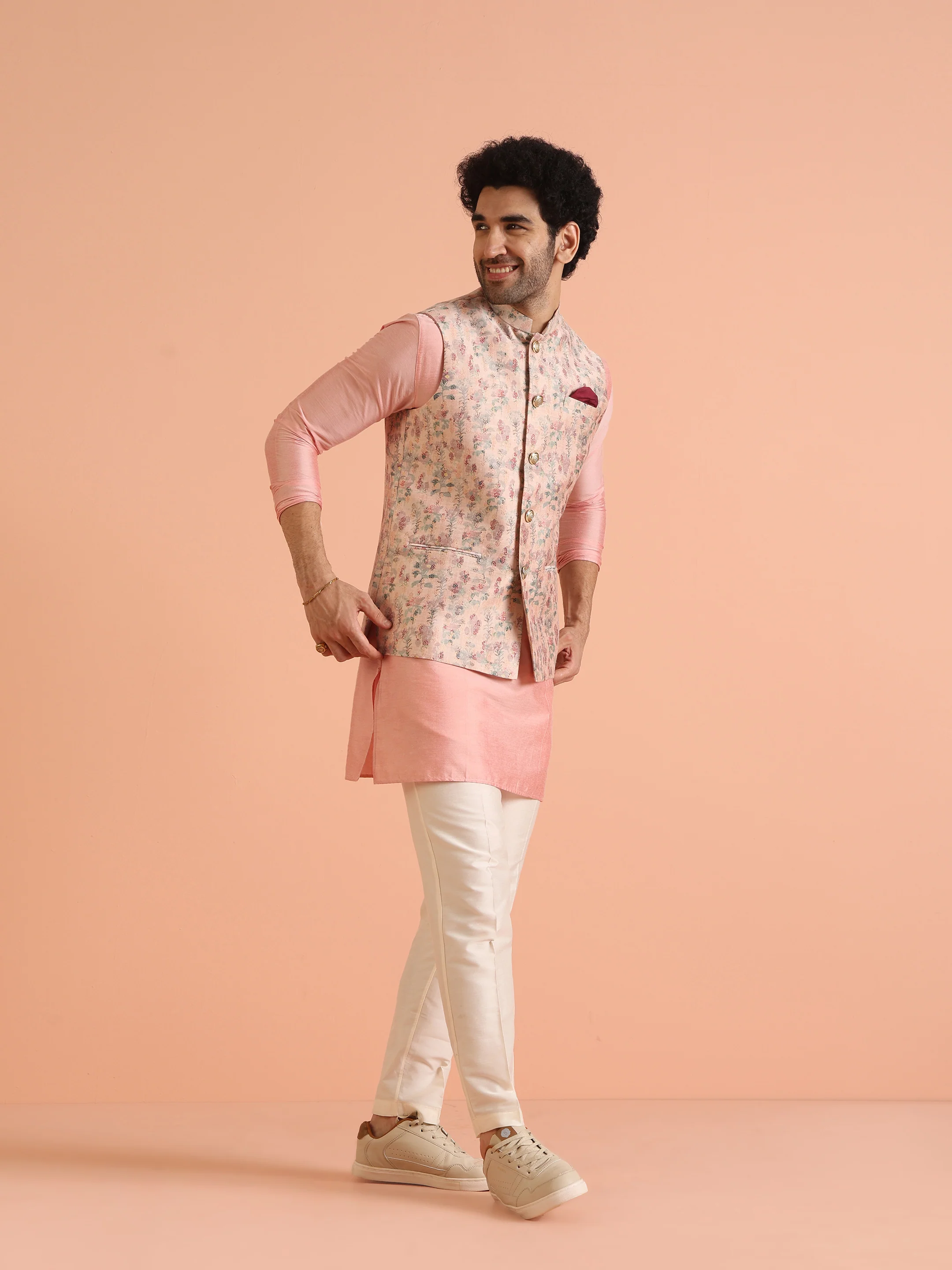 Pink Floral Art Silk Nehru Jacket Bundi with Kurta Trouser - Image 4