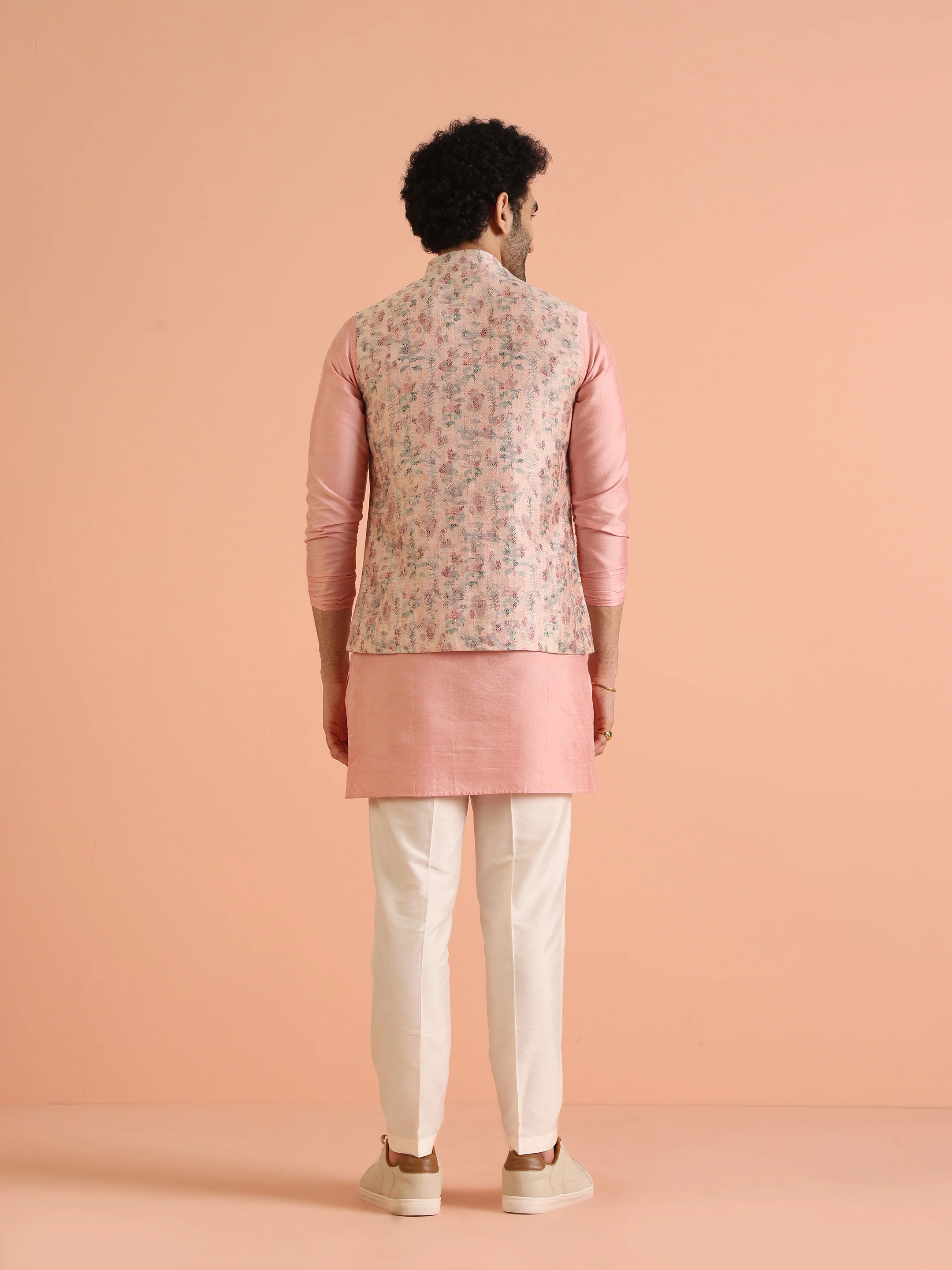 Pink Floral Art Silk Nehru Jacket Bundi with Kurta Trouser - Image 5