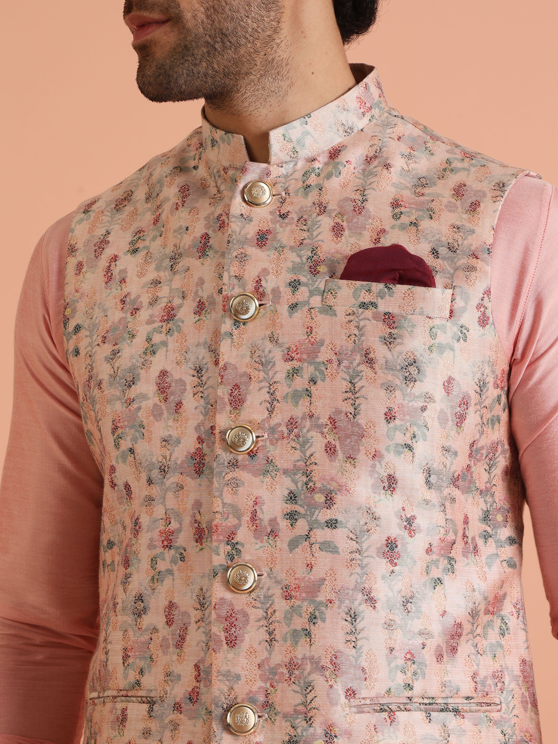 Pink Floral Art Silk Nehru Jacket Bundi with Kurta Trouser - Image 6