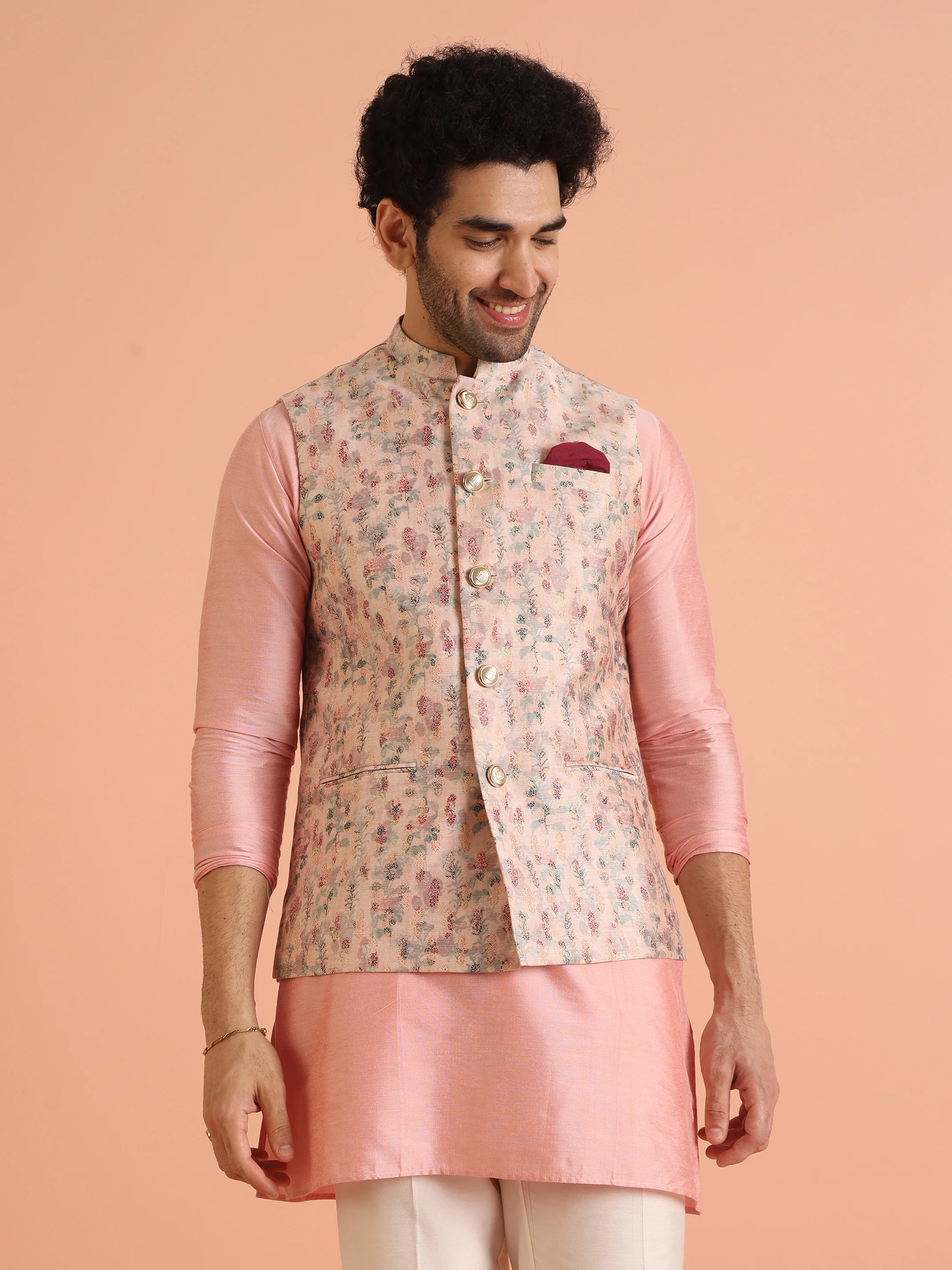 Pink Floral Art Silk Nehru Jacket Bundi with Kurta Trouser - Image 8