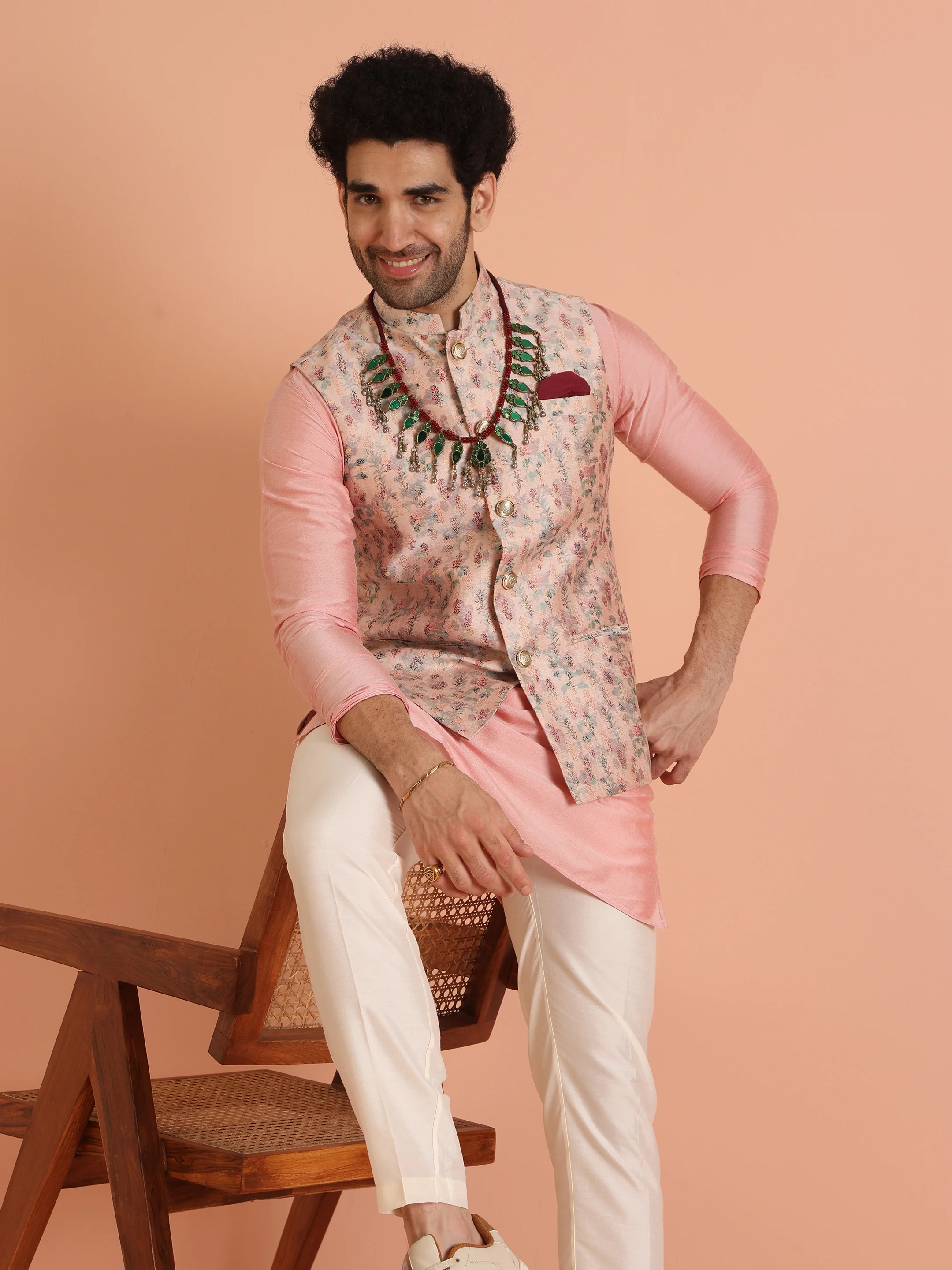 Pink Floral Art Silk Nehru Jacket Bundi with Kurta Trouser - Image 9