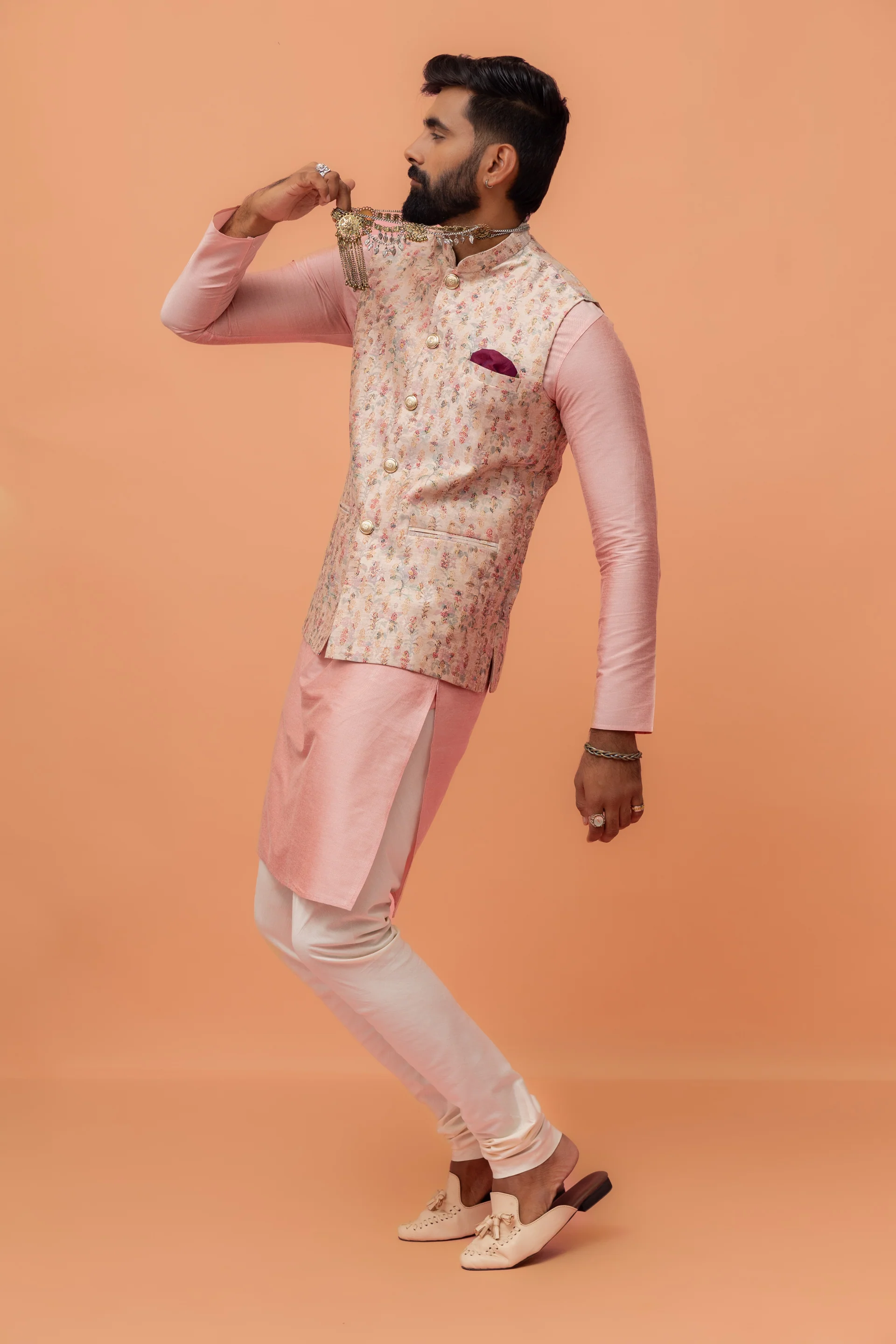 Pastel Pink Art Silk Printed Nehru Jacket - Image 3
