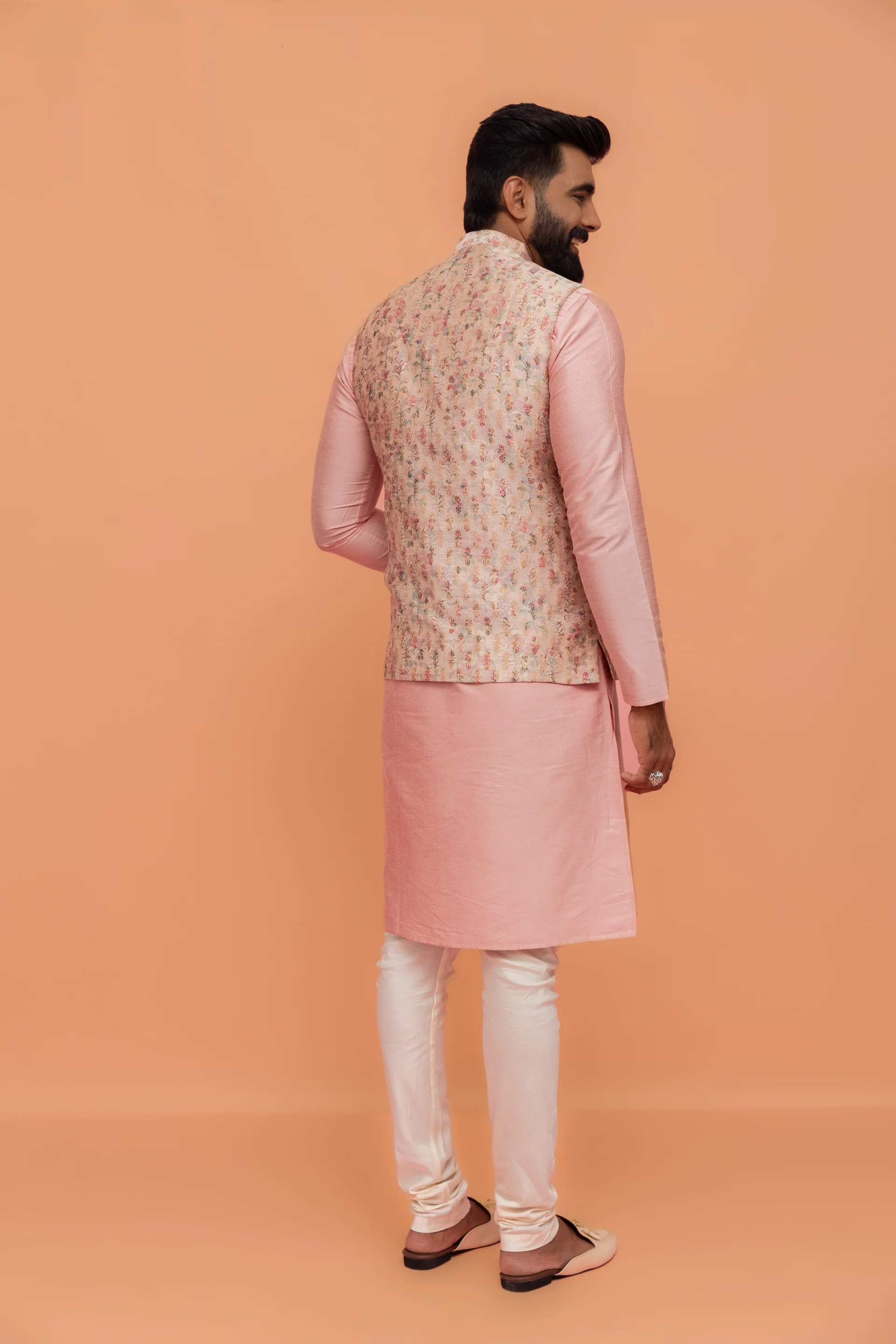Pastel Pink Art Silk Printed Nehru Jacket - Image 5