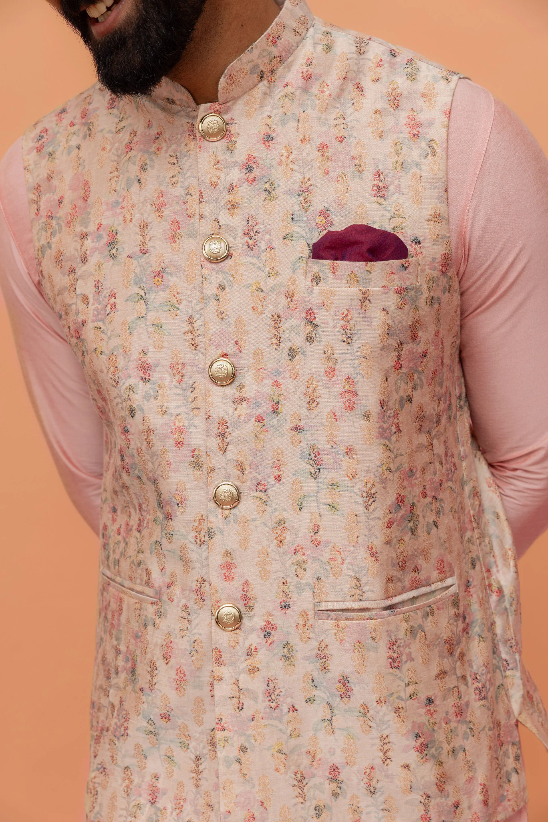 Pastel Pink Art Silk Printed Nehru Jacket - Image 7