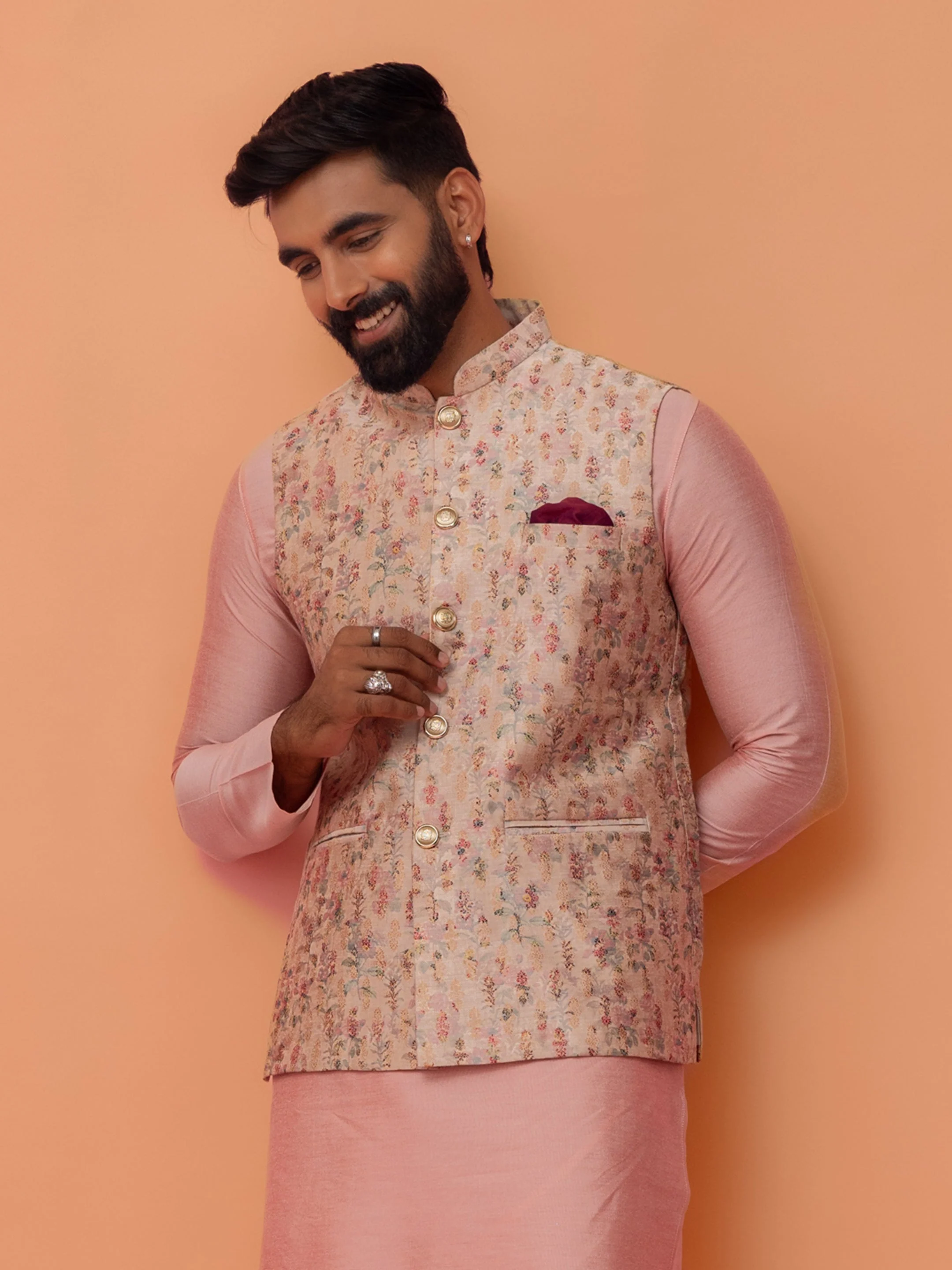 Pastel Pink Art Silk Printed Nehru Jacket - Image 8