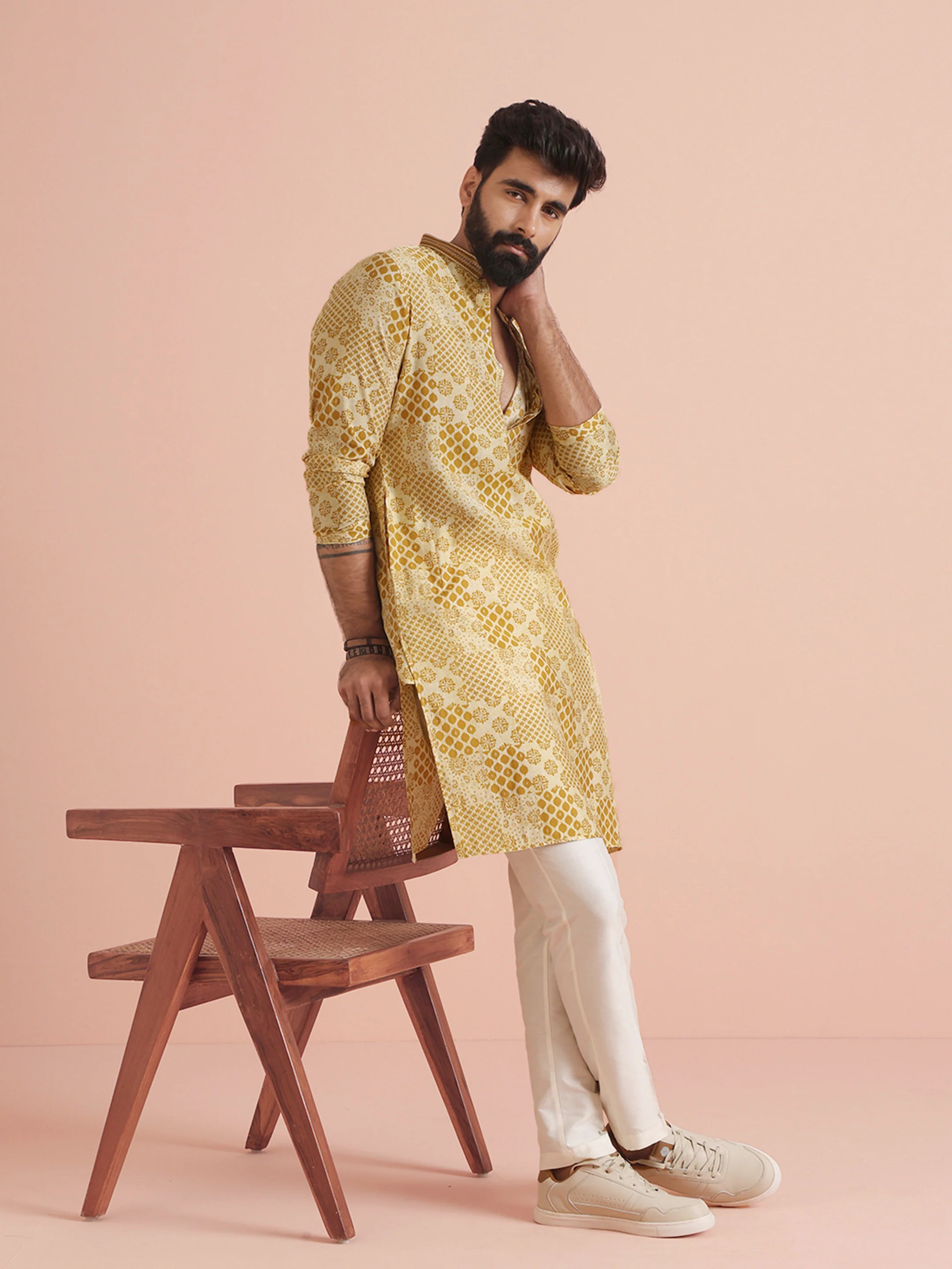 Men Mustard Ethnic Motifs Kurta - Image 2