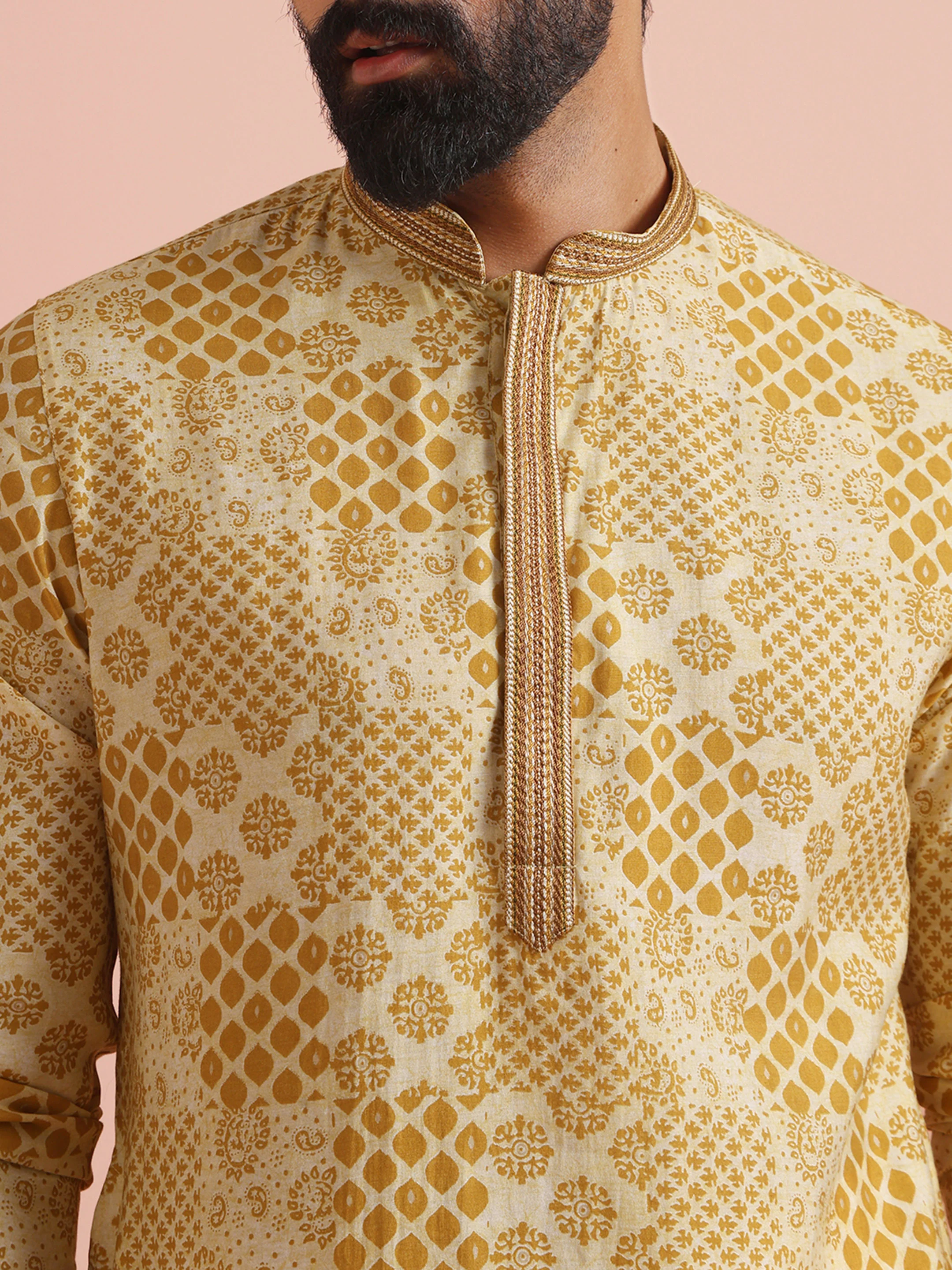 Men Mustard Ethnic Motifs Kurta - Image 7