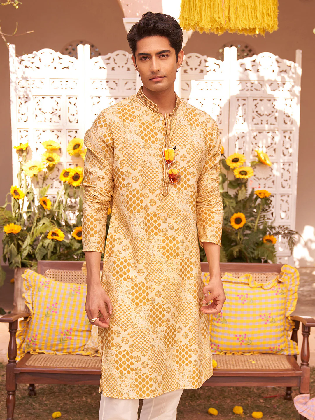 Men Mustard Ethnic Motifs Kurta - Image 8