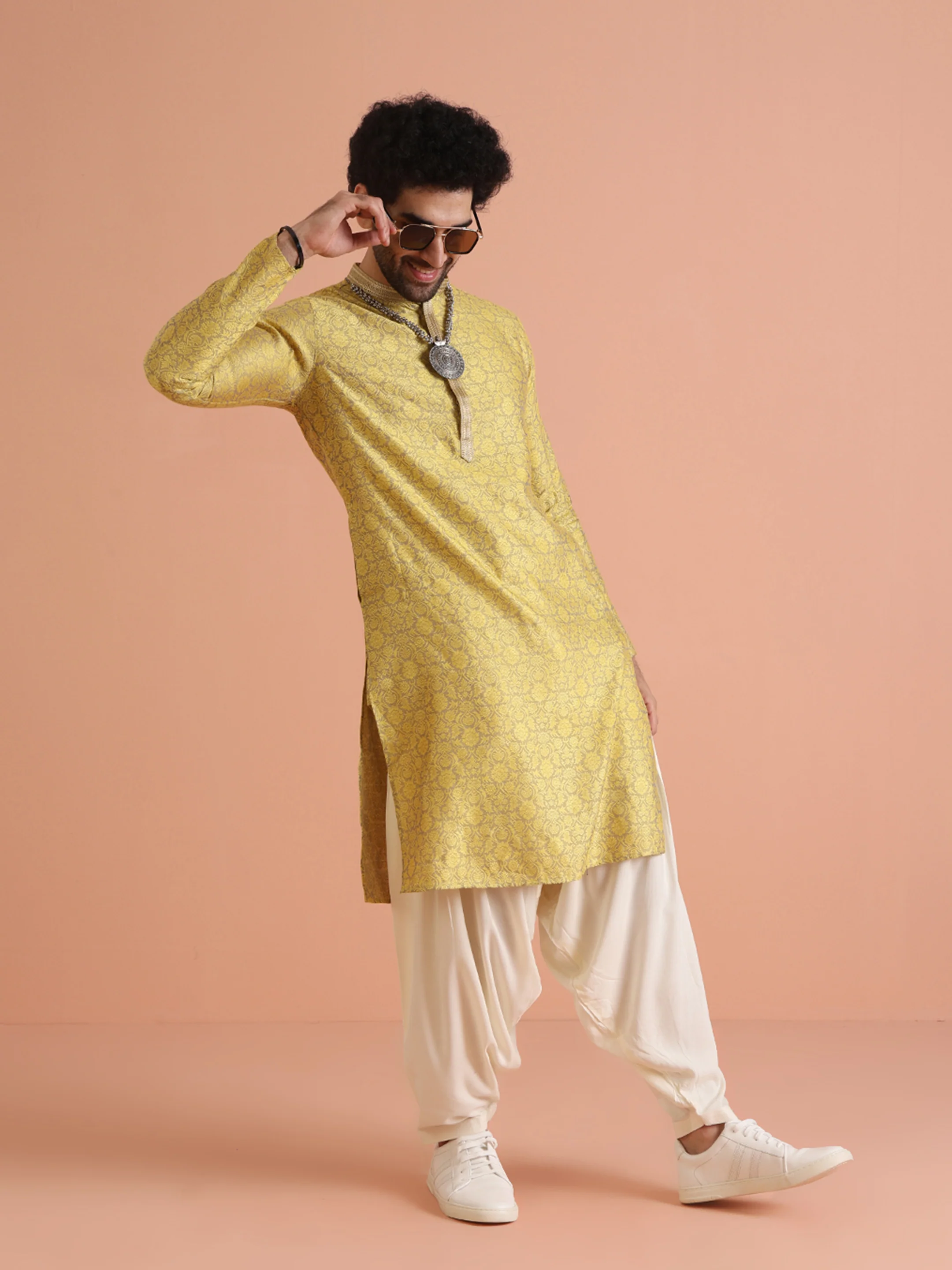Yellow Jacquard Woven Silk Blend Kurta - Image 6