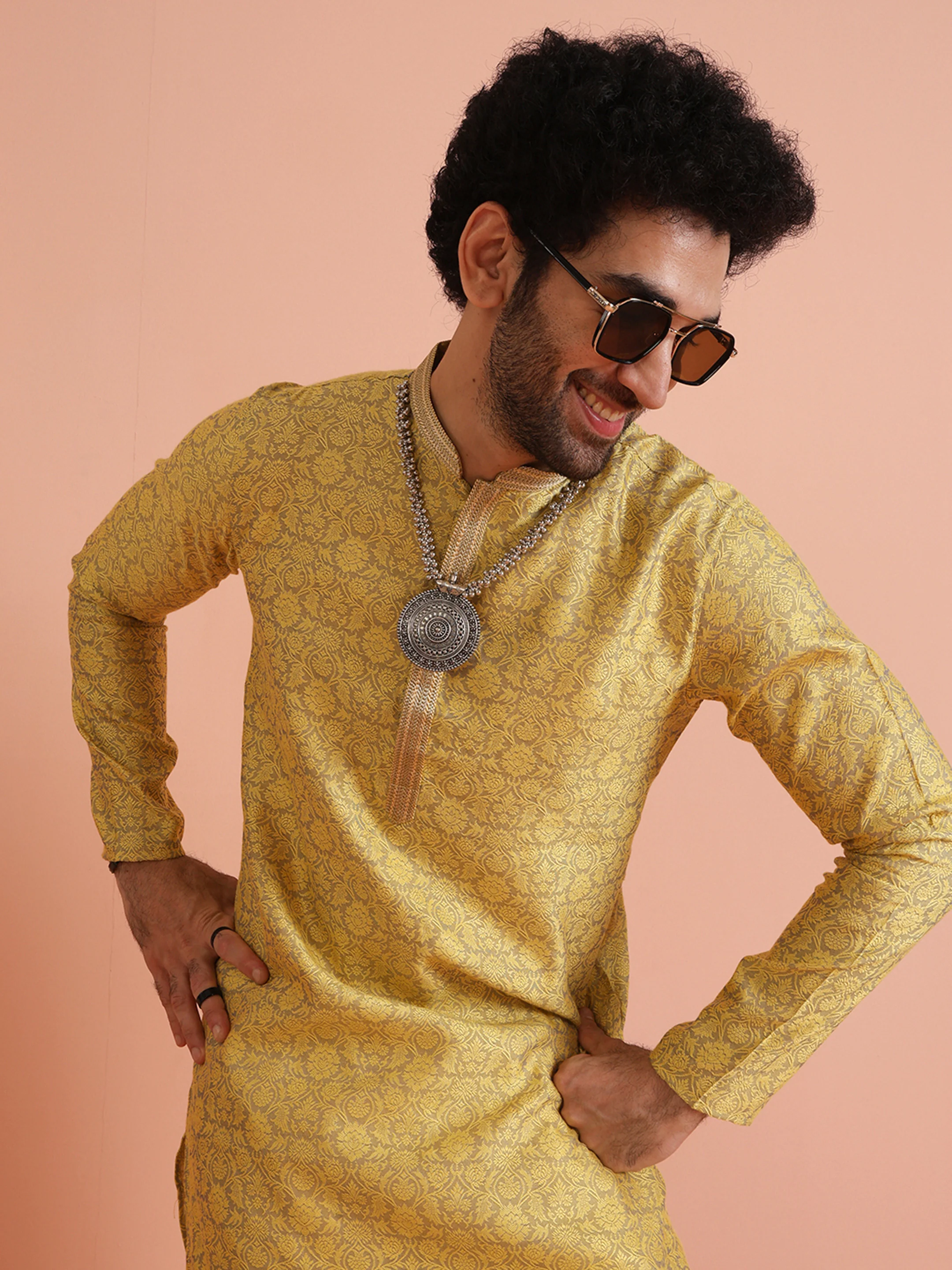 Yellow Jacquard Woven Silk Blend Kurta - Image 7