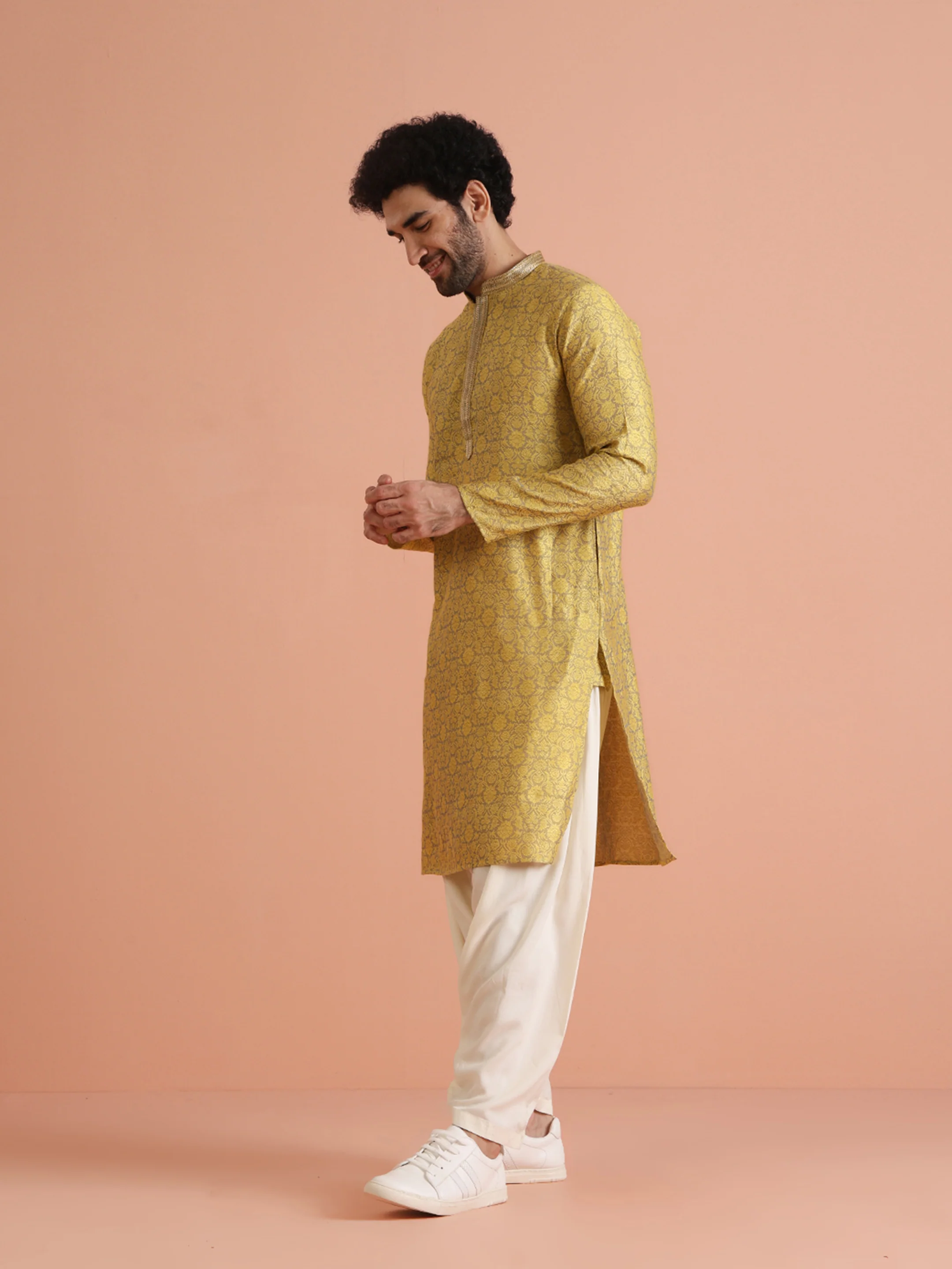 Mustard Yellow Jacquard Kurta Patiala Set - Image 3