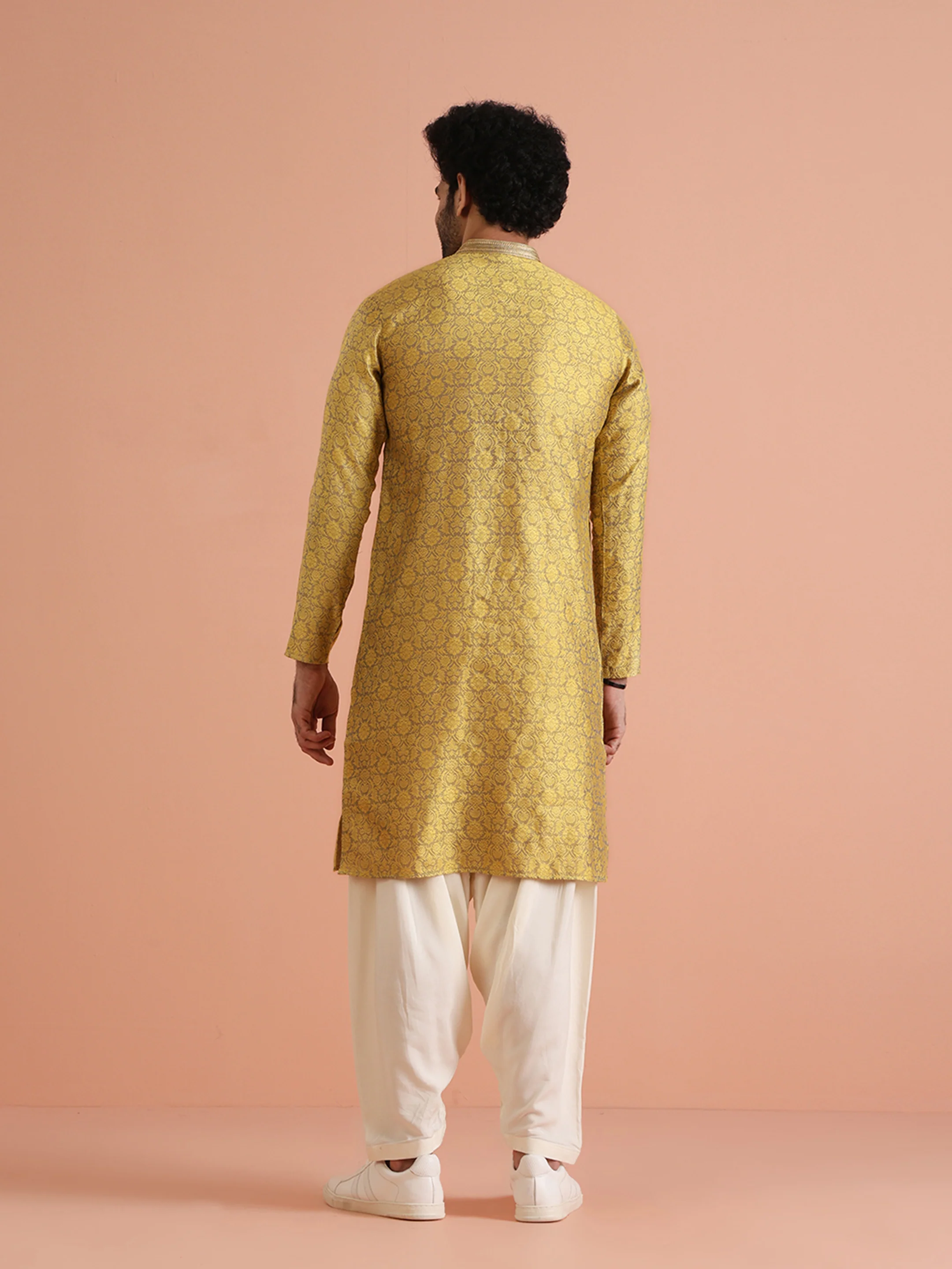 Mustard Yellow Jacquard Kurta Patiala Set - Image 4