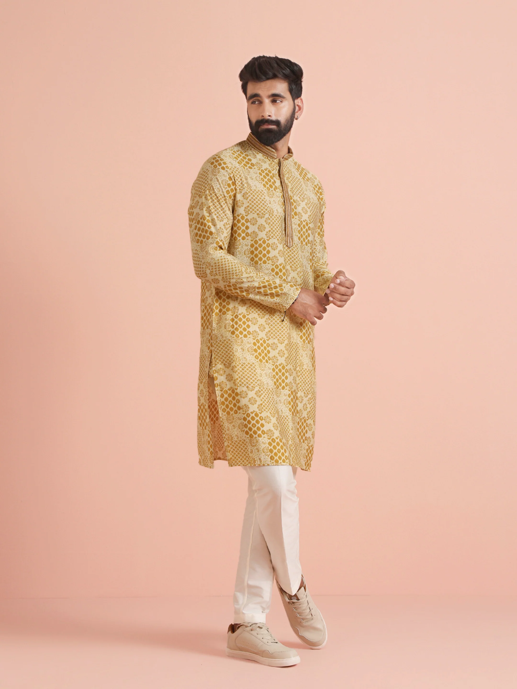Men Mustard Ethnic Motifs Kurta Trouser Set - Image 4