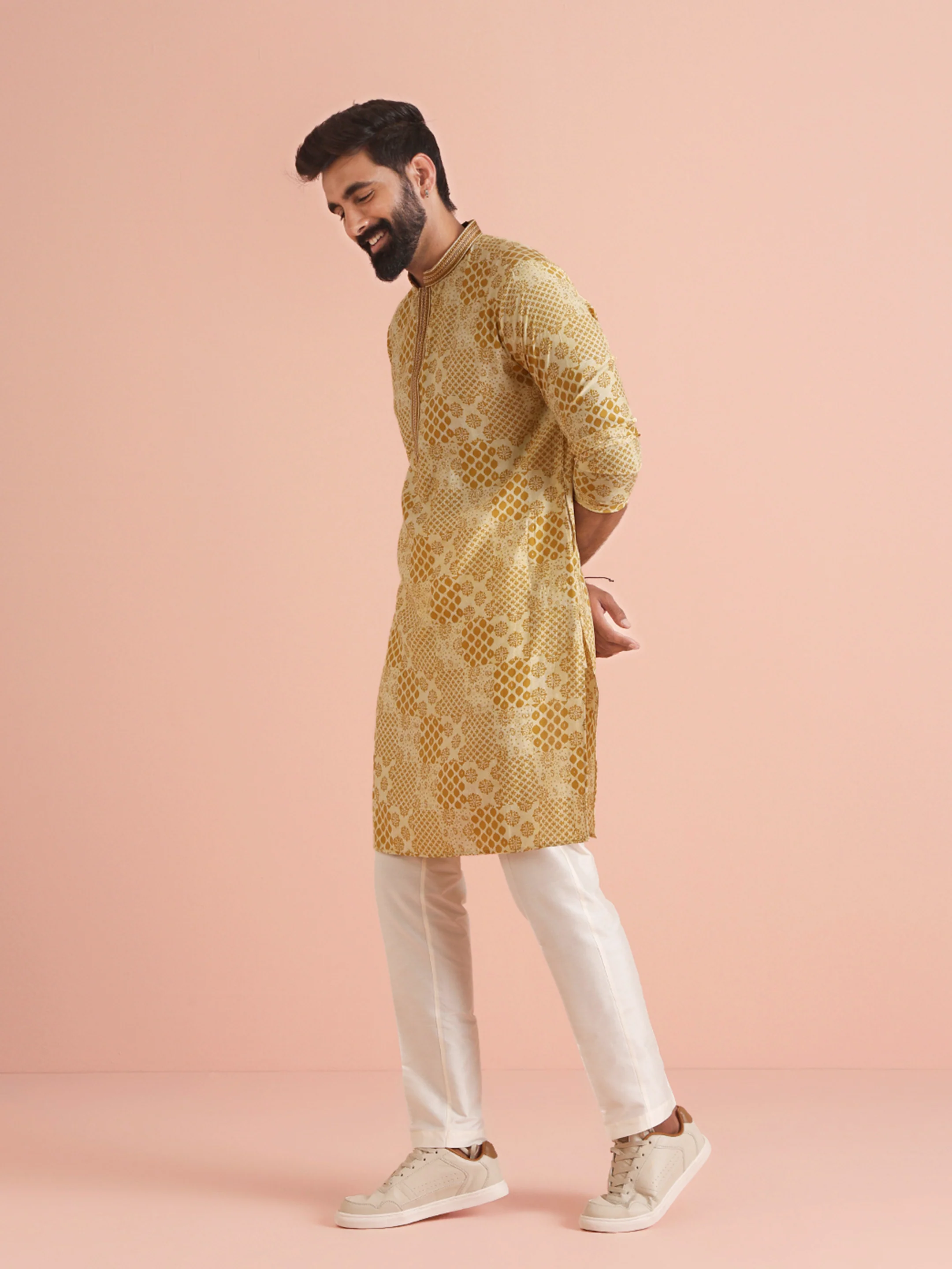 Men Mustard Ethnic Motifs Kurta Trouser Set - Image 5
