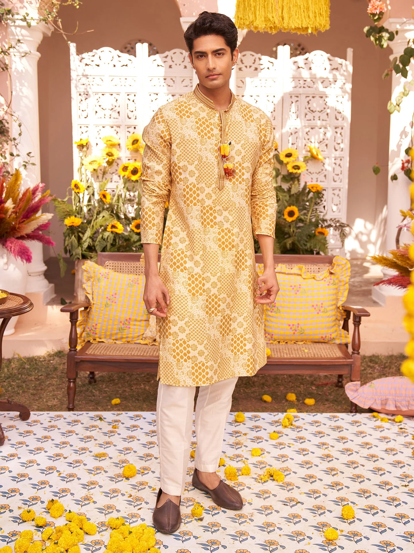Men Mustard Ethnic Motifs Kurta Trouser Set - Image 9