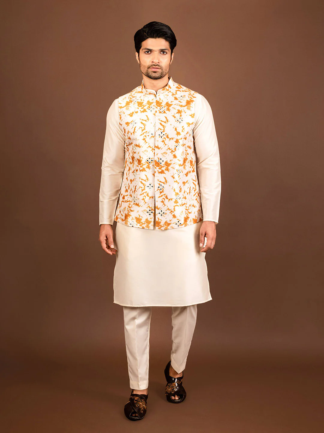 Men Mustard Kurta Jacket Trouser Set