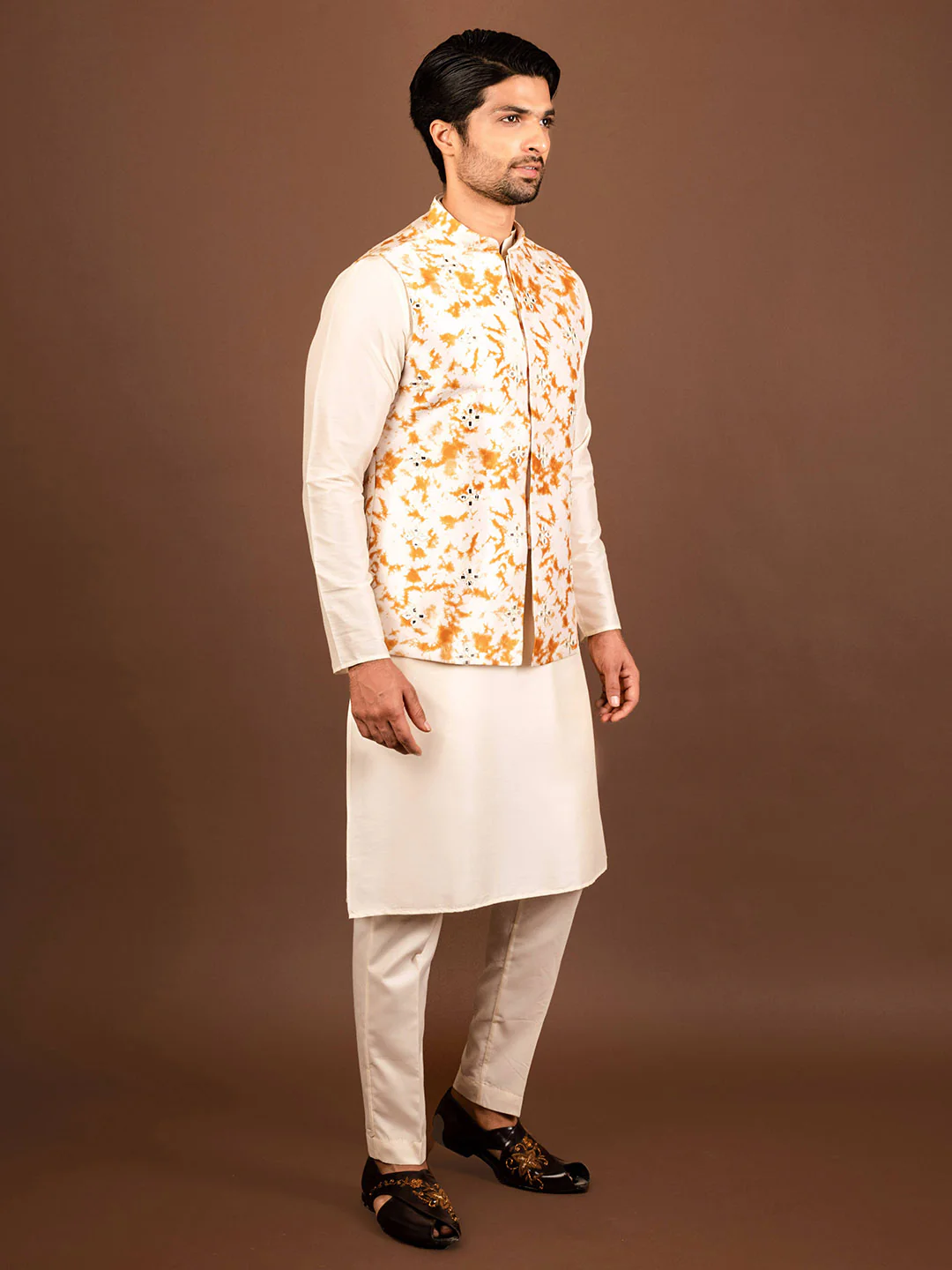Men Mustard Kurta Jacket Trouser Set - Image 2
