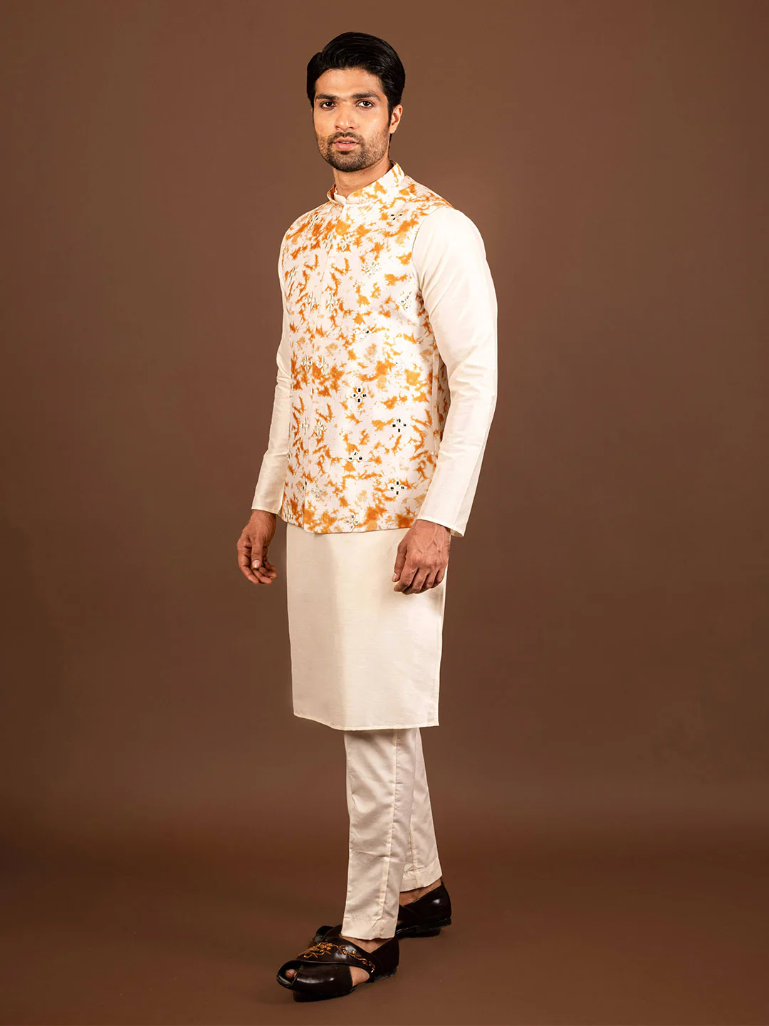 Men Mustard Kurta Jacket Trouser Set - Image 3