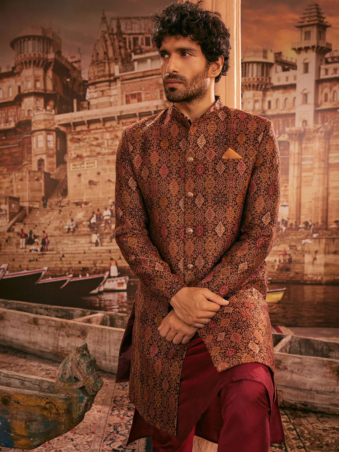 Men Mustard Kurta Sherwani Churidar Set