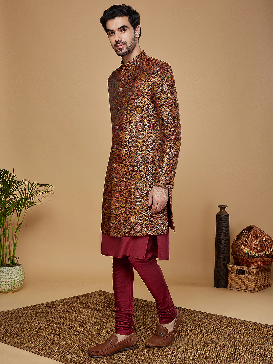 Men Mustard Kurta Sherwani Churidar Set - Image 3
