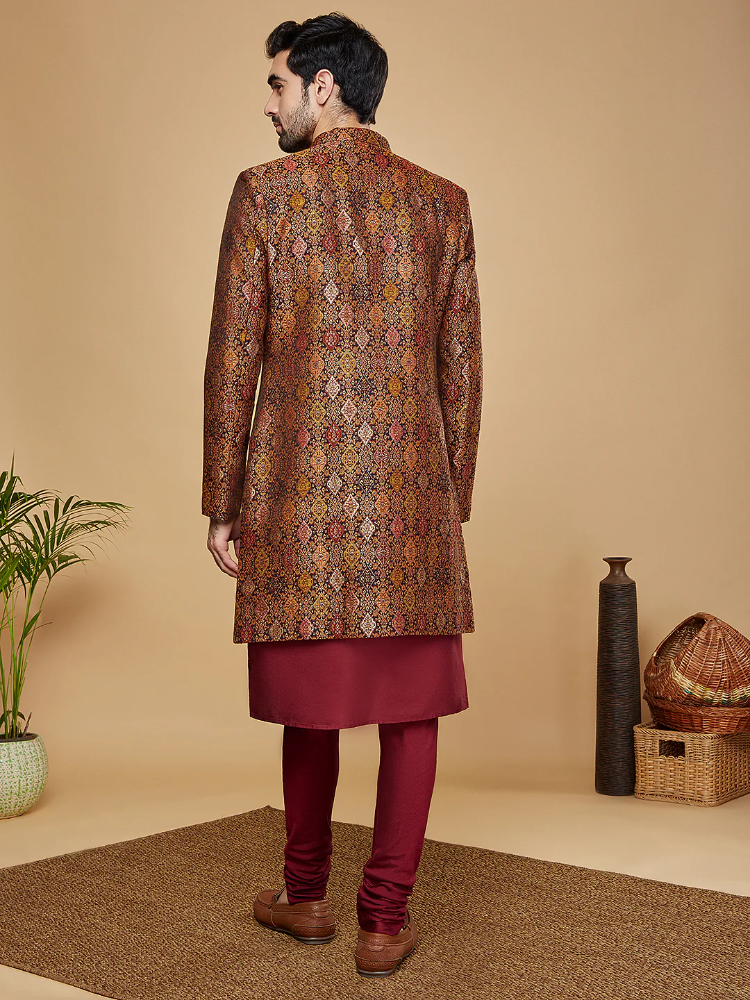 Men Mustard Kurta Sherwani Churidar Set - Image 4