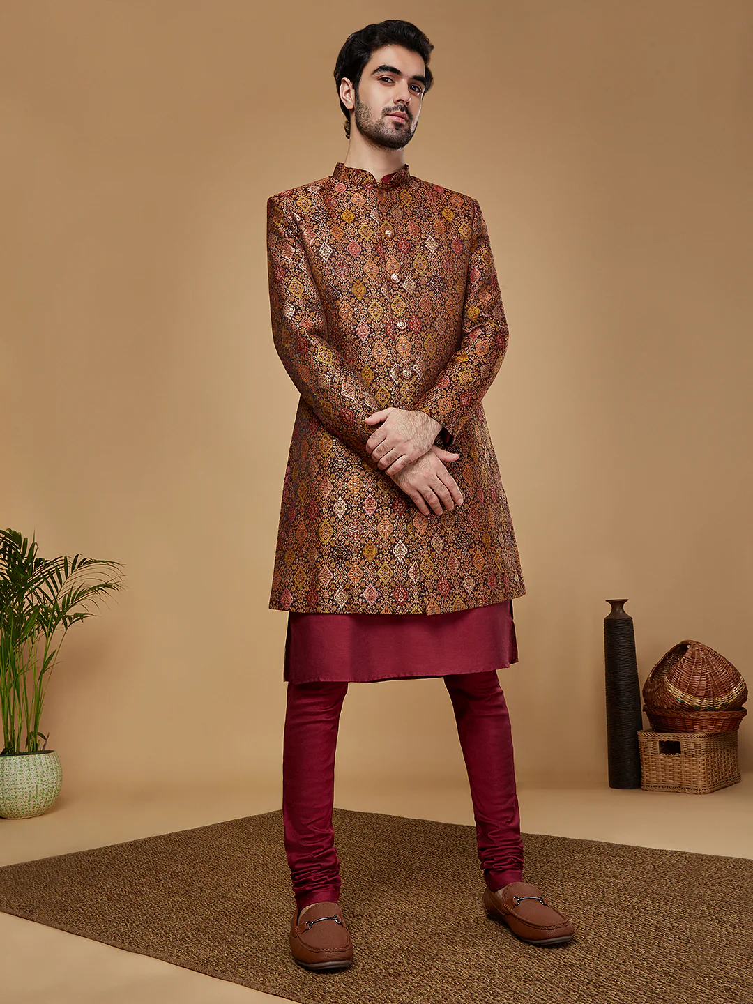 Men Mustard Kurta Sherwani Churidar Set - Image 8