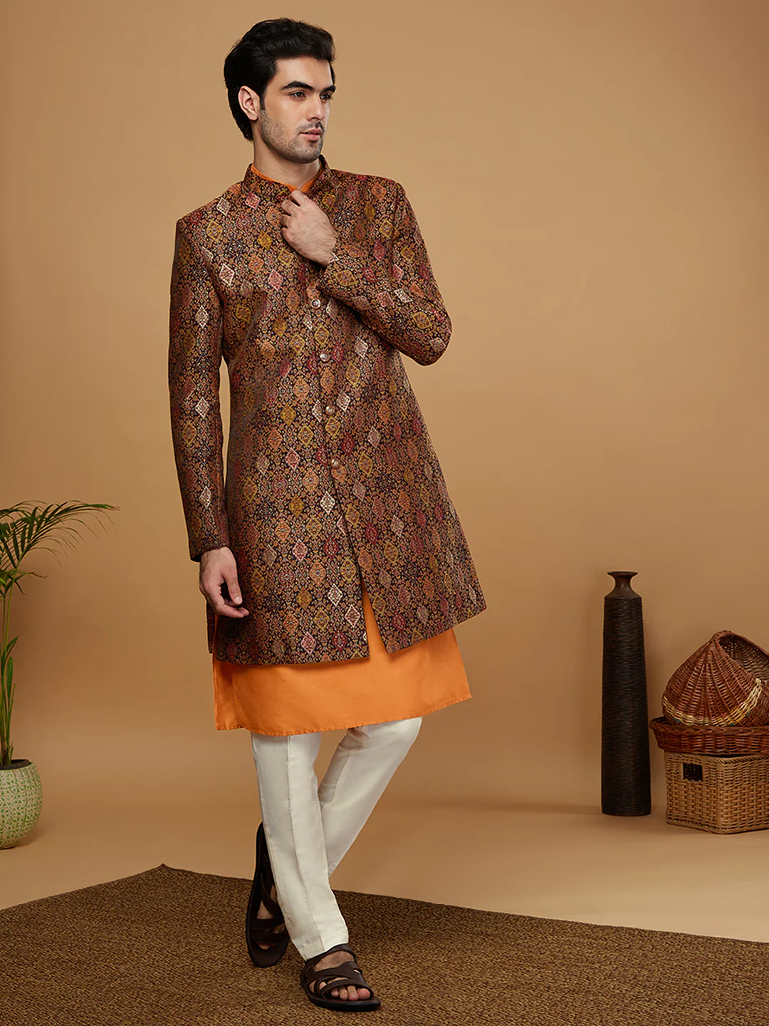 Kisah Men Mustard Kurta Sherwani Trouser Set - Image 2