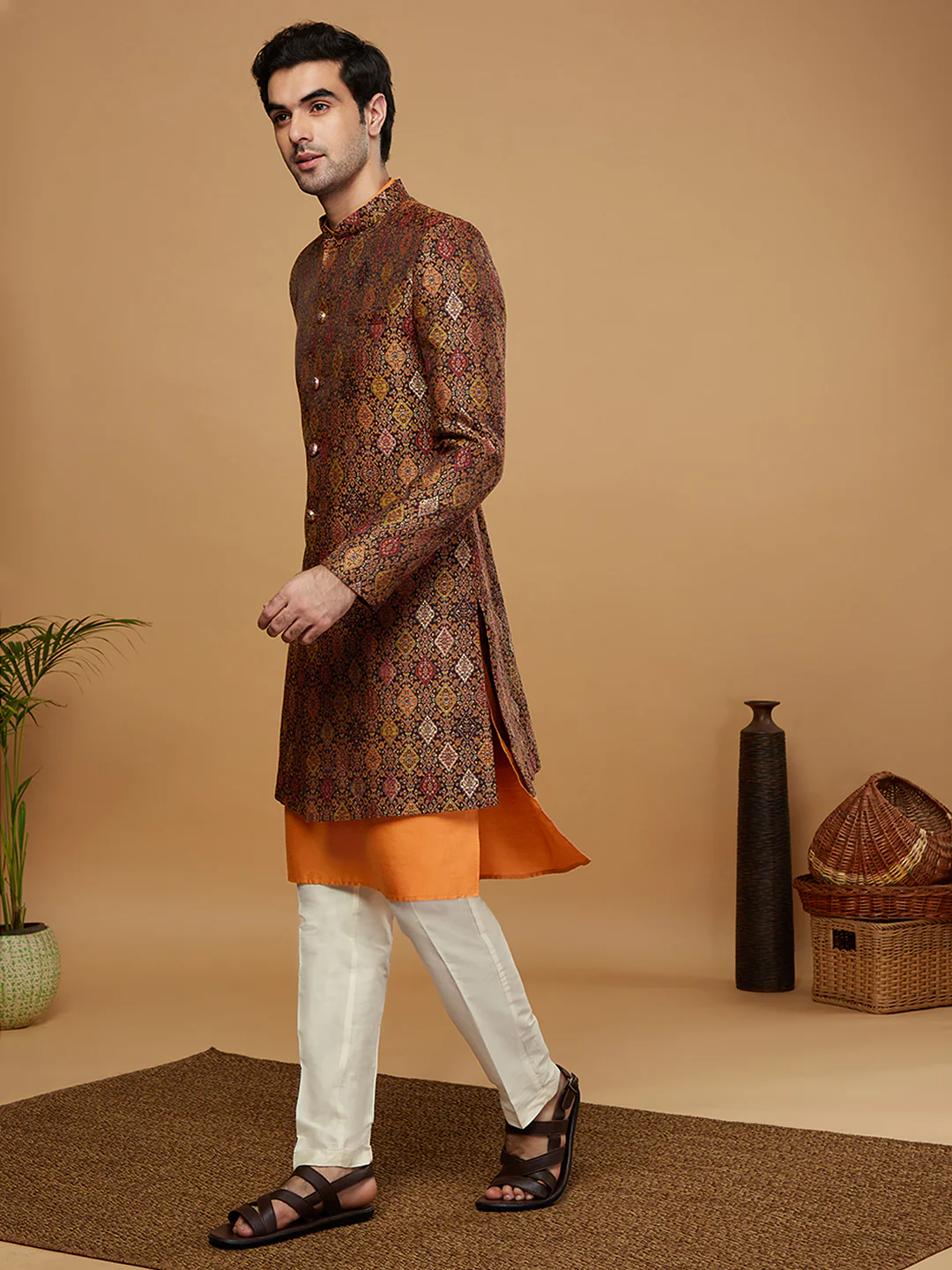 Kisah Men Mustard Kurta Sherwani Trouser Set - Image 3
