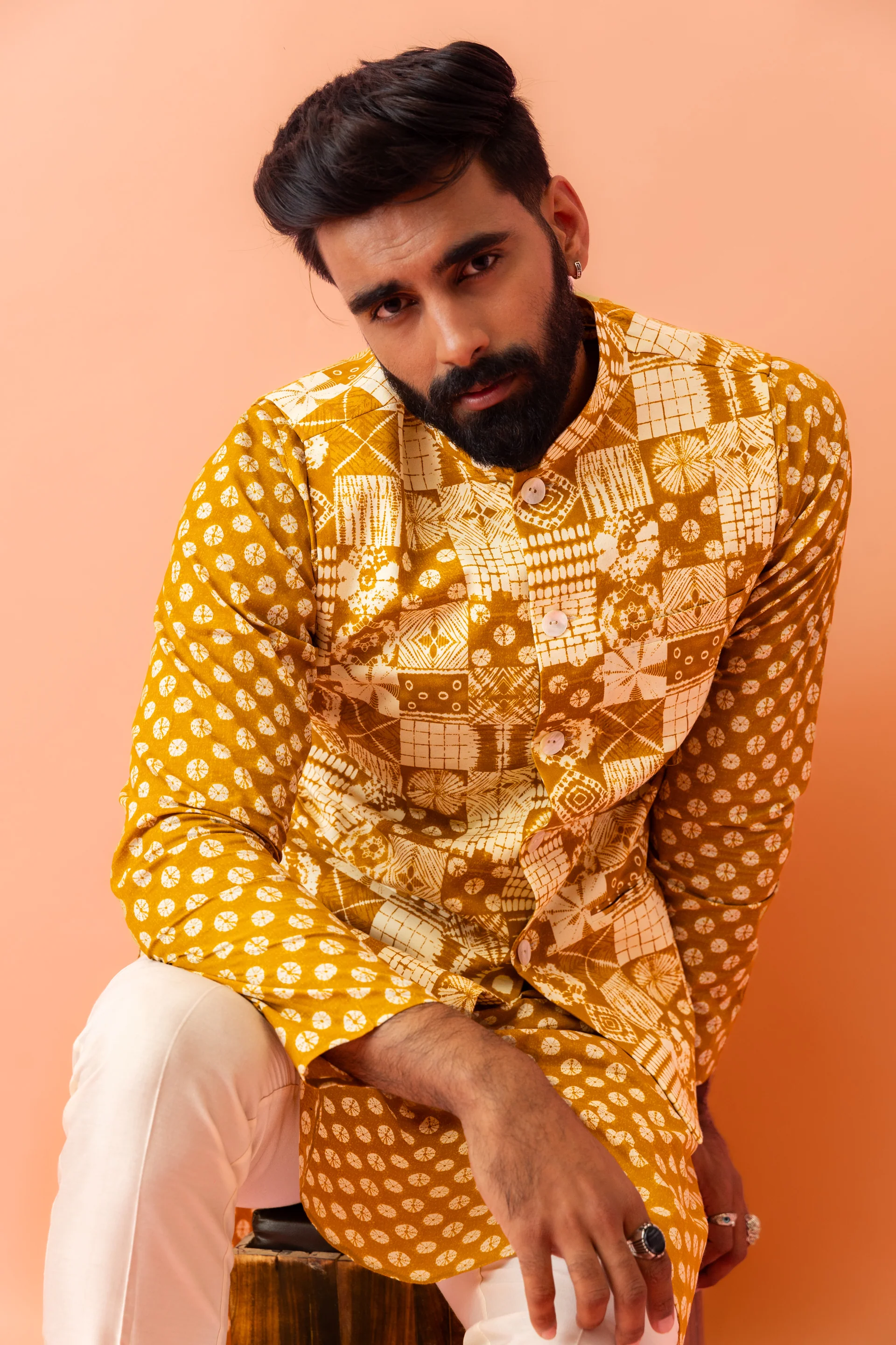 Mustard Yellow Printed Nehru Jacket Kurta Set