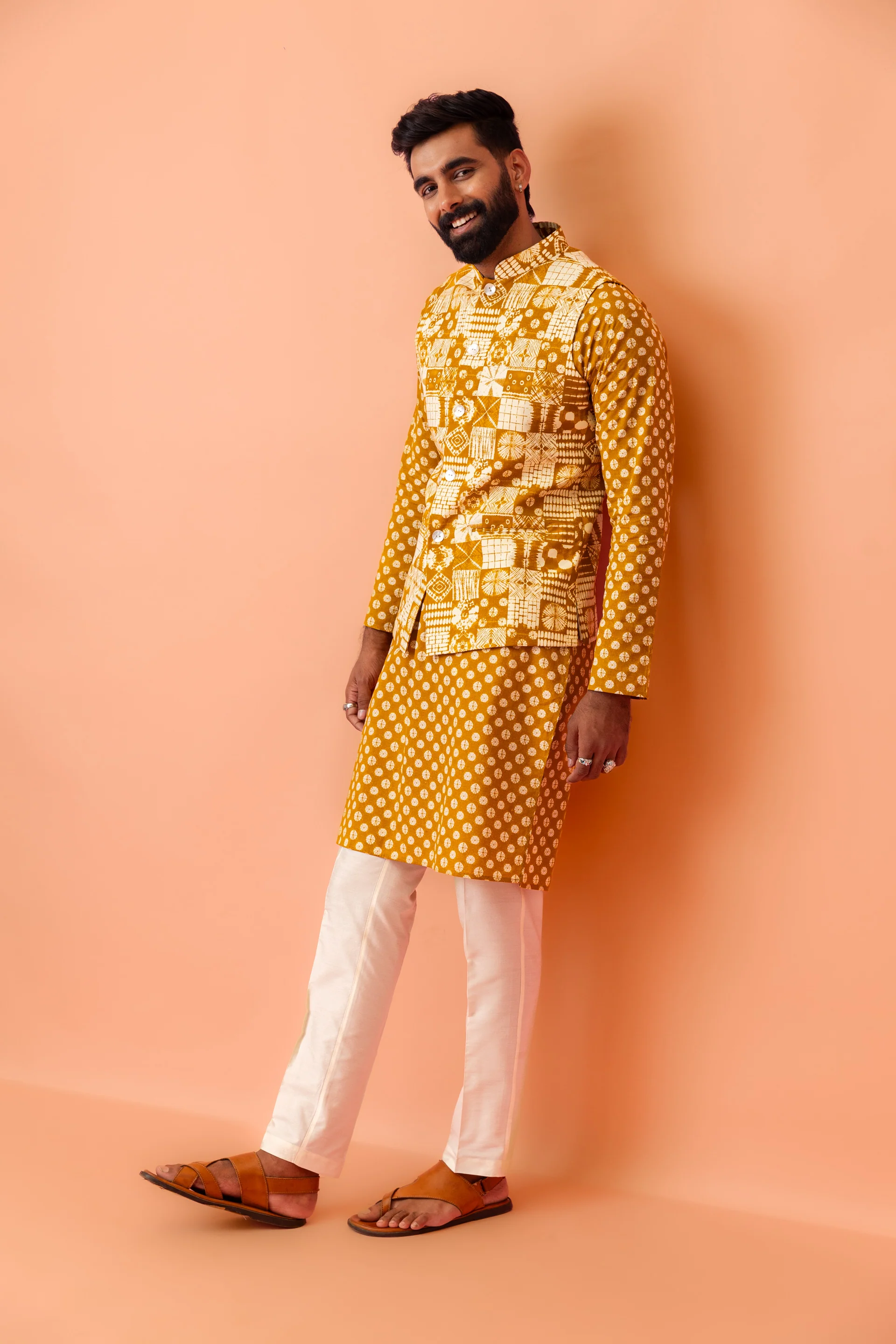 Mustard Yellow Printed Nehru Jacket Kurta Set - Image 3