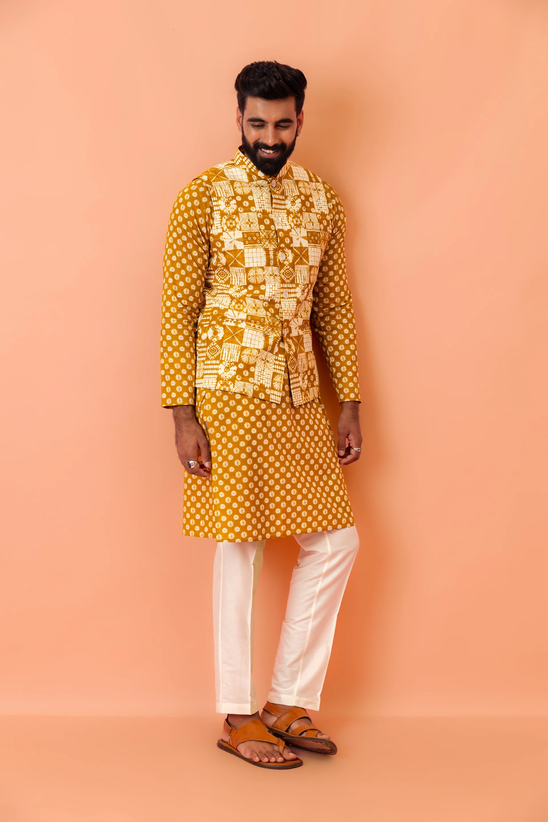 Mustard Yellow Printed Nehru Jacket Kurta Set - Image 4