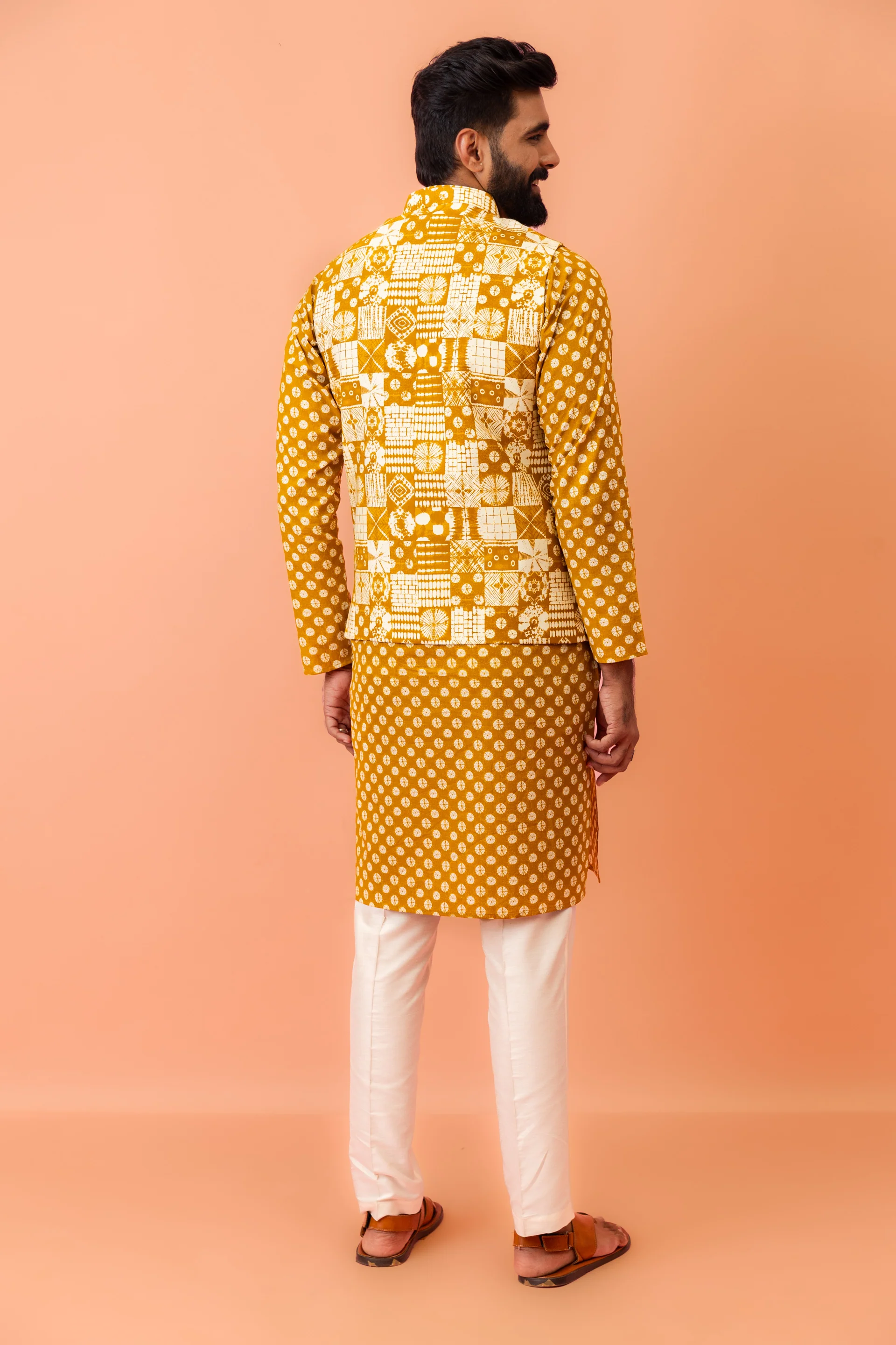 Mustard Yellow Printed Nehru Jacket Kurta Set - Image 5