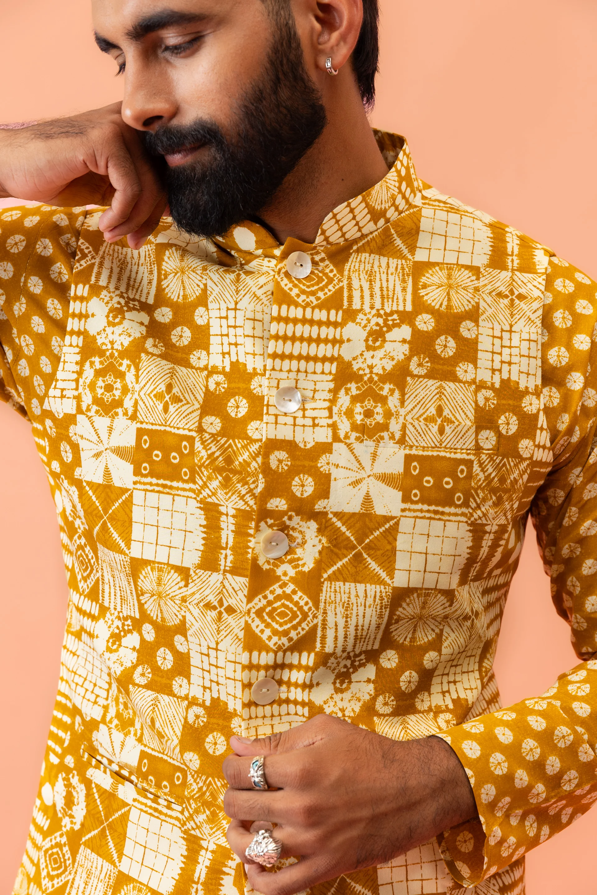 Mustard Yellow Printed Nehru Jacket Kurta Set - Image 6