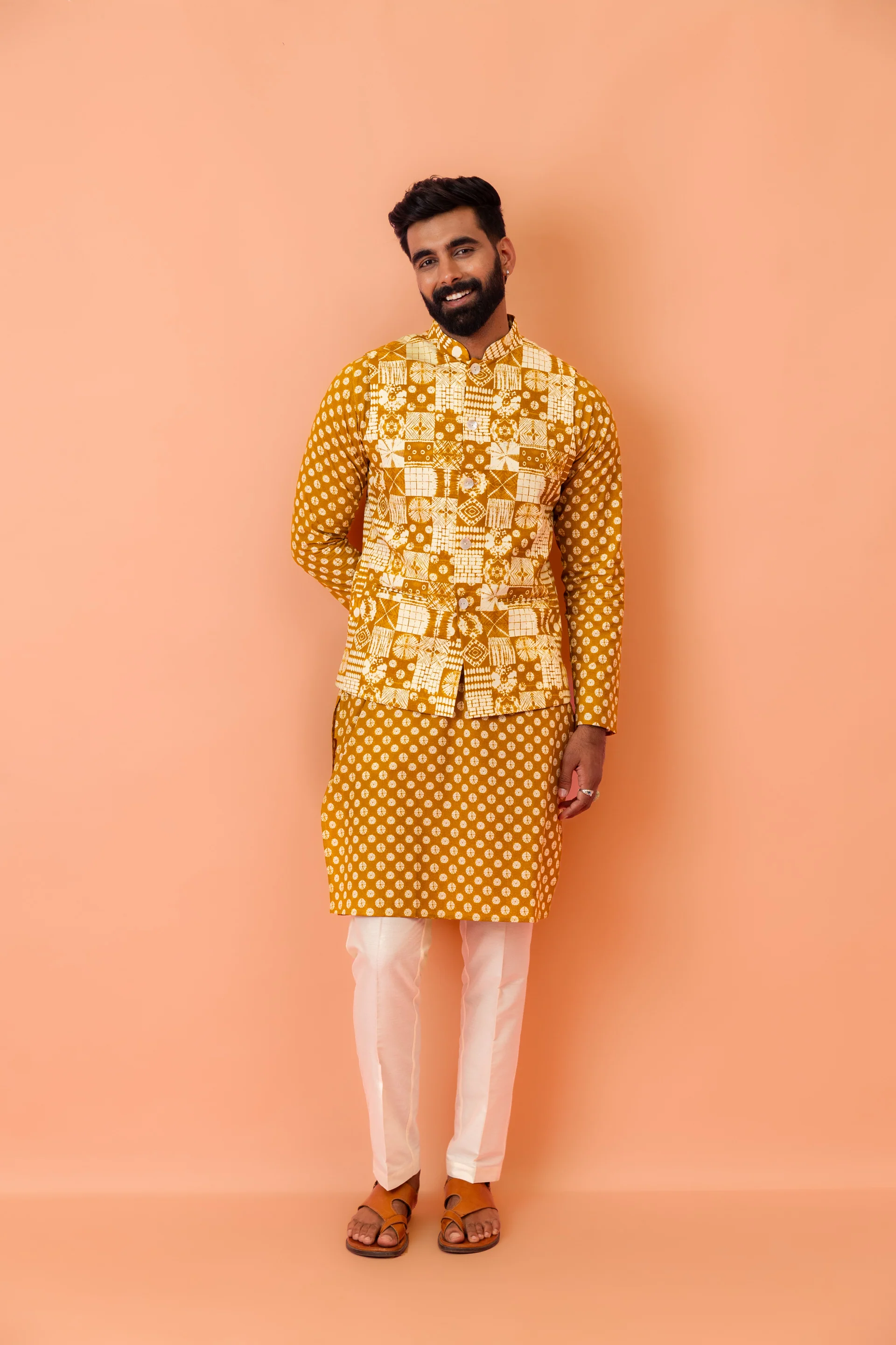 Mustard Yellow Printed Nehru Jacket Kurta Set - Image 8