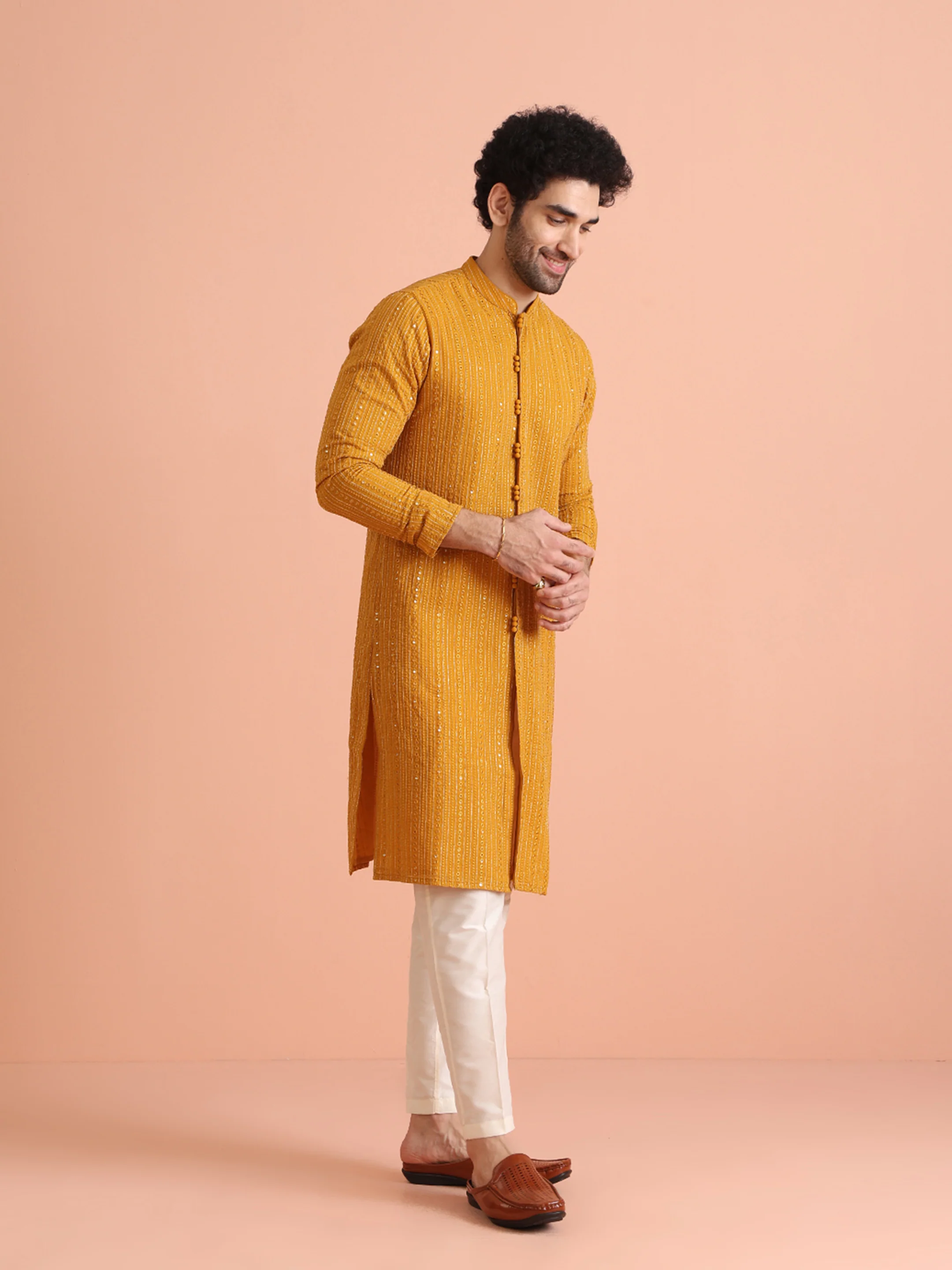 Mustard Mirror Work Kurta – Festive & Wedding Wear - Image 2