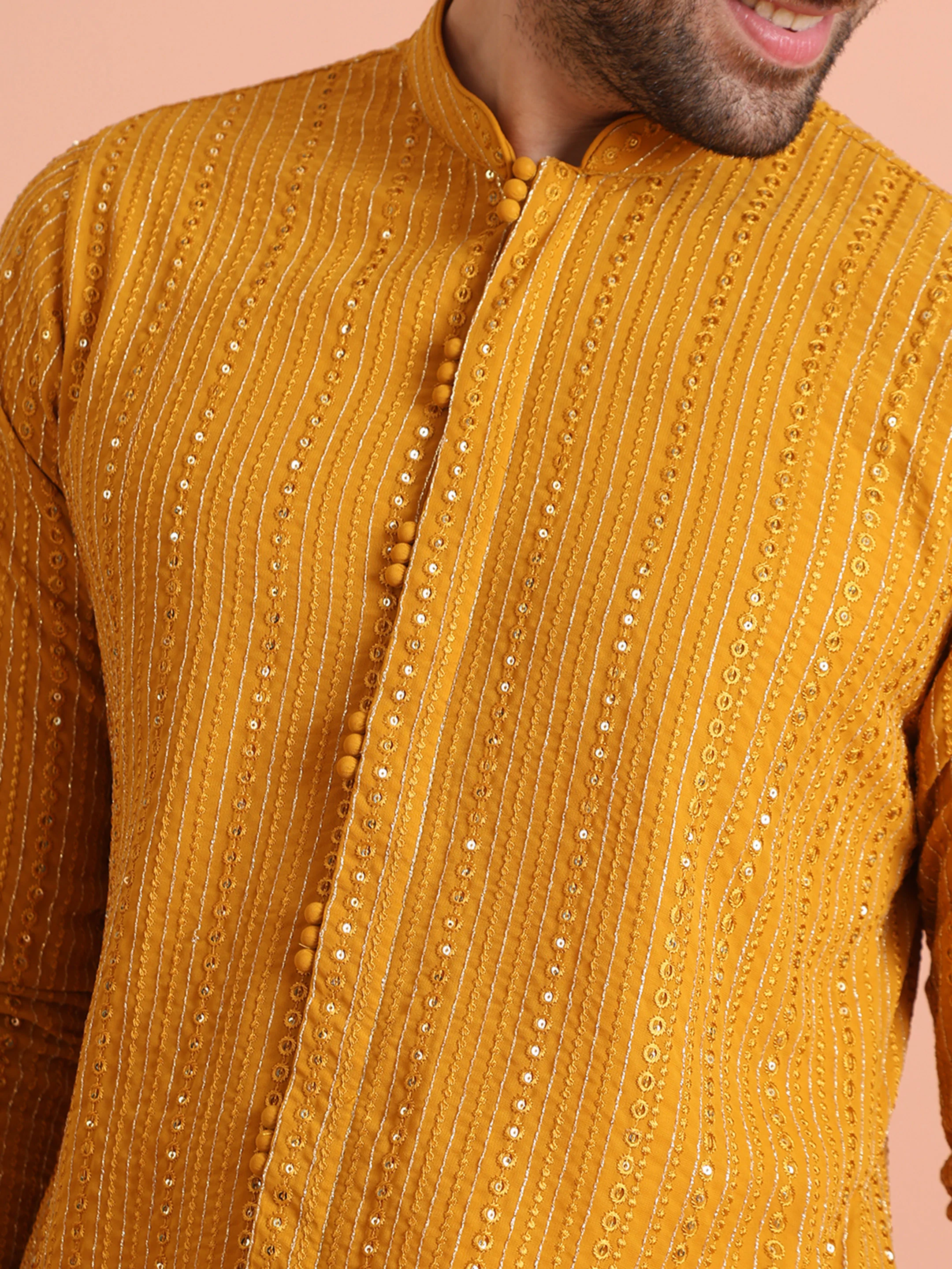 Mustard Mirror Work Kurta – Festive & Wedding Wear - Image 5