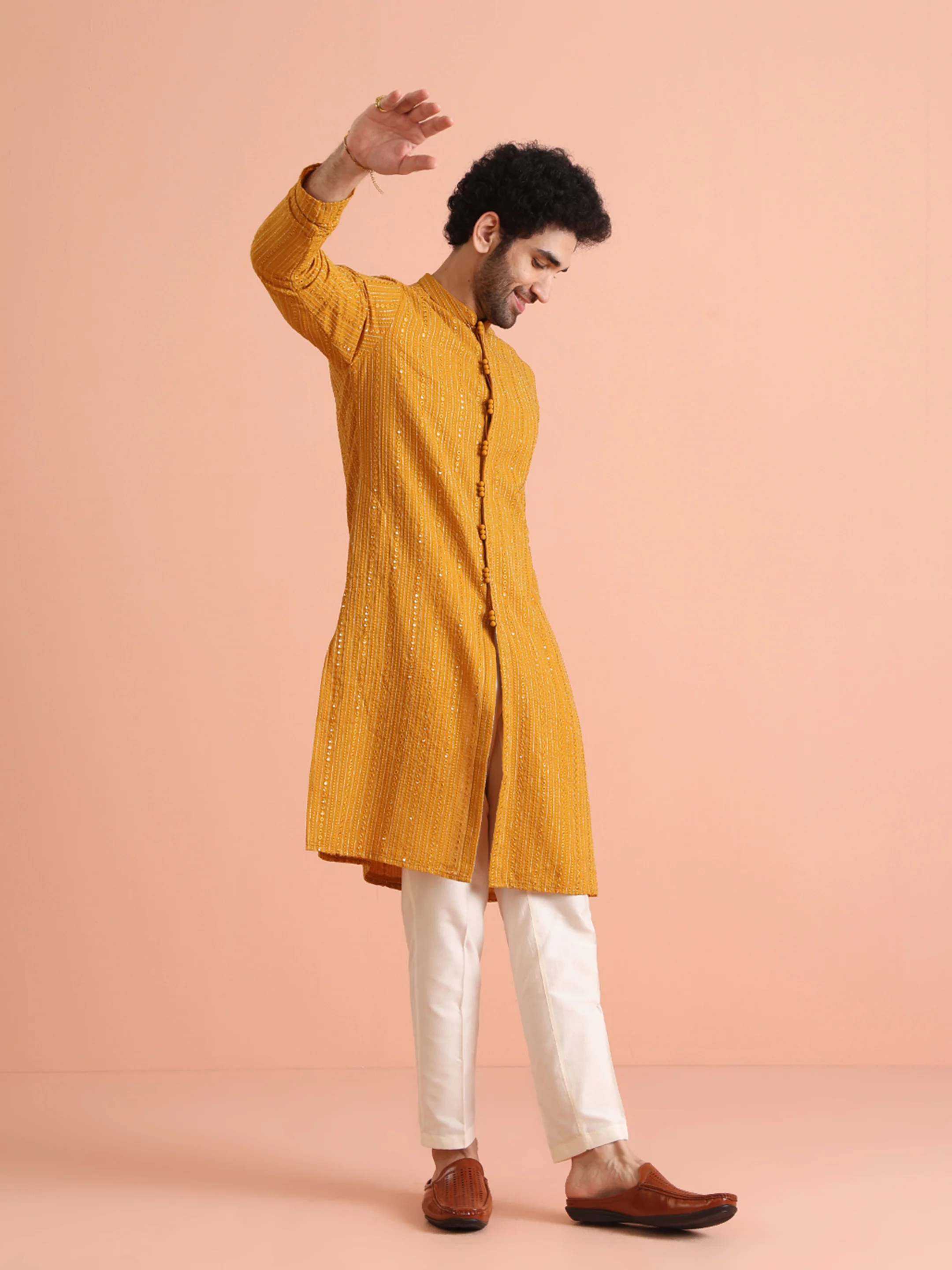 Mustard Mirror Work Kurta – Festive & Wedding Wear - Image 6