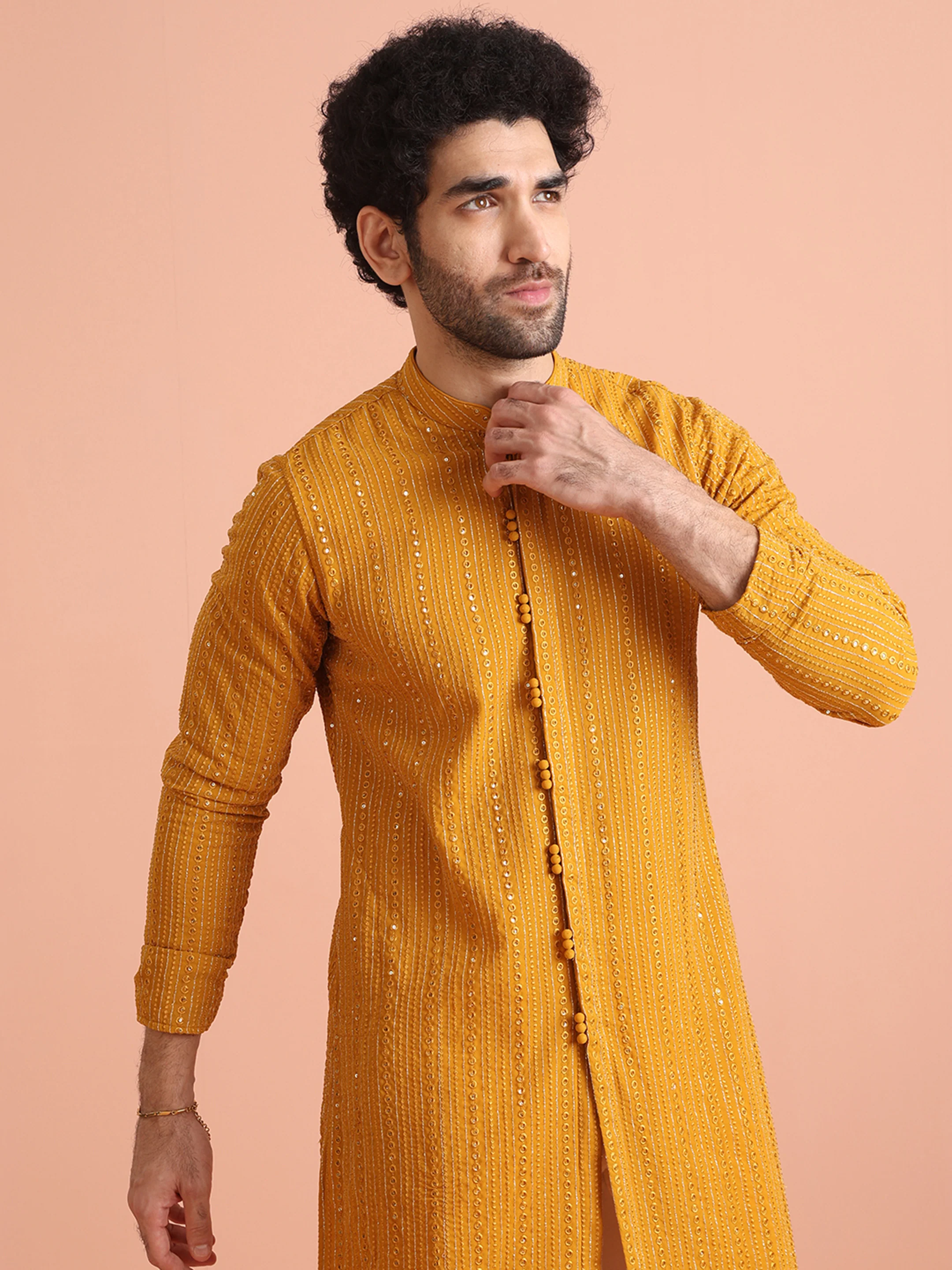 Mustard Mirror Work Kurta – Festive & Wedding Wear - Image 7